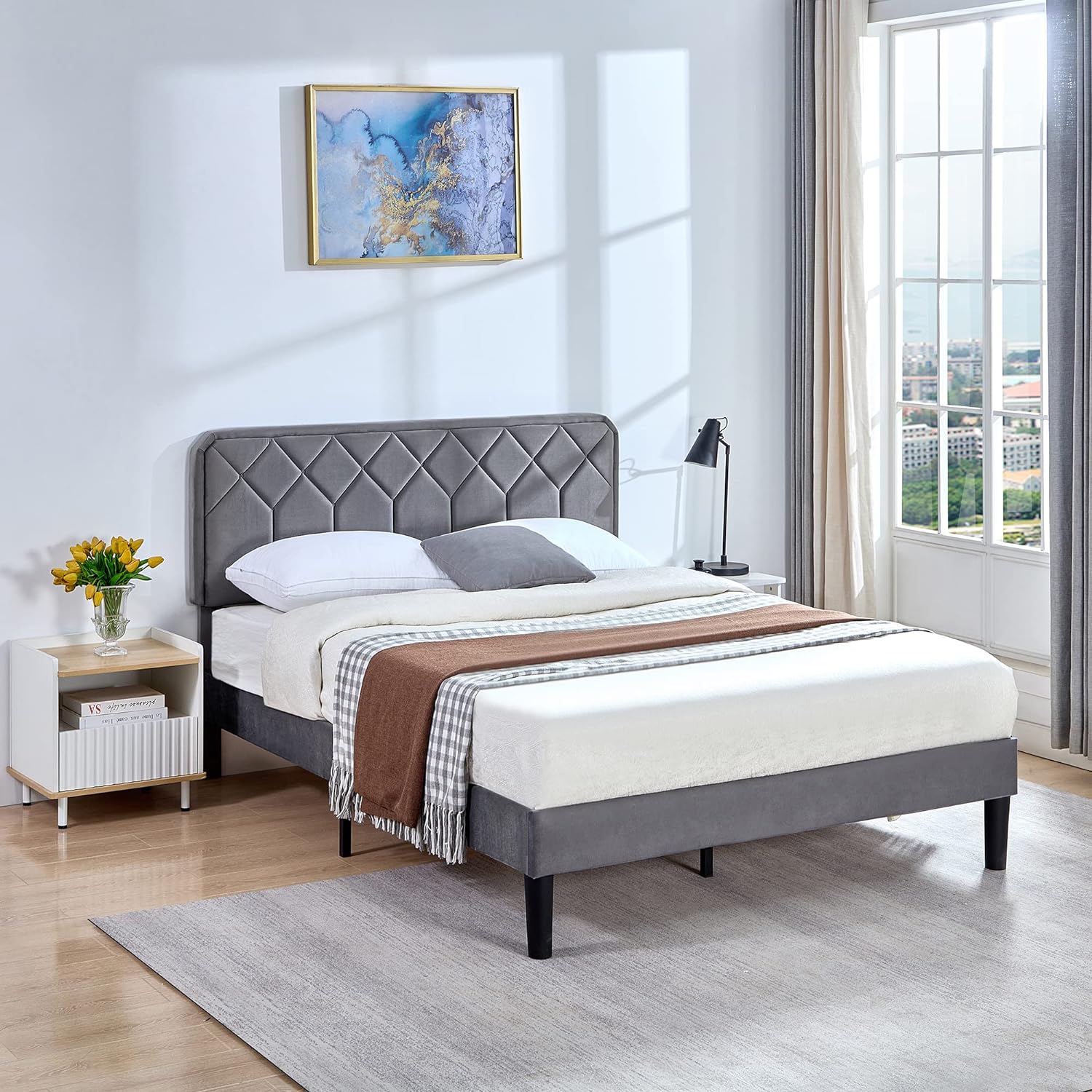 VECELO Premium Leather Upholstered Platform Bed Frame