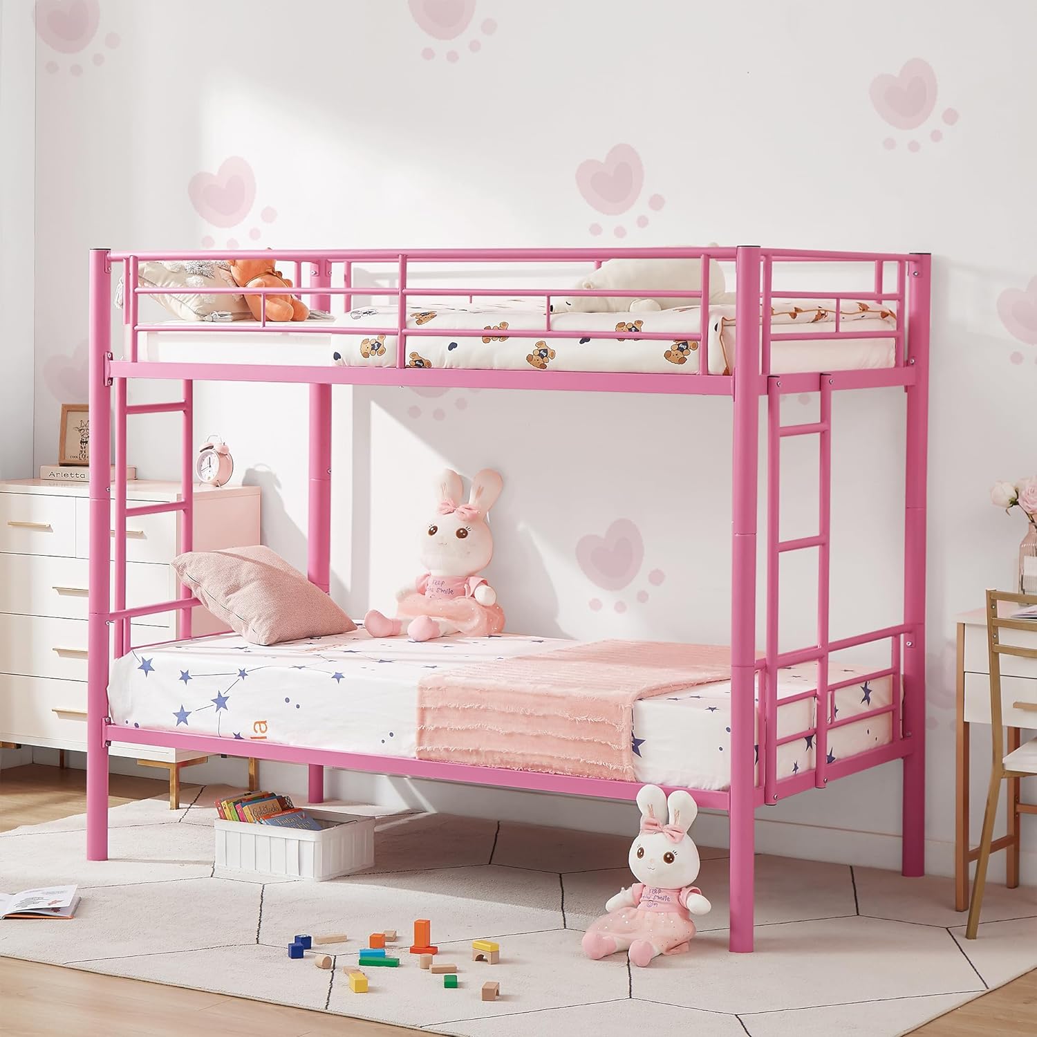 VECELO Metal Bunk Bed Twin Over Twin, Industrial Bunkbeds with Ladder and Full-Length Guardrail