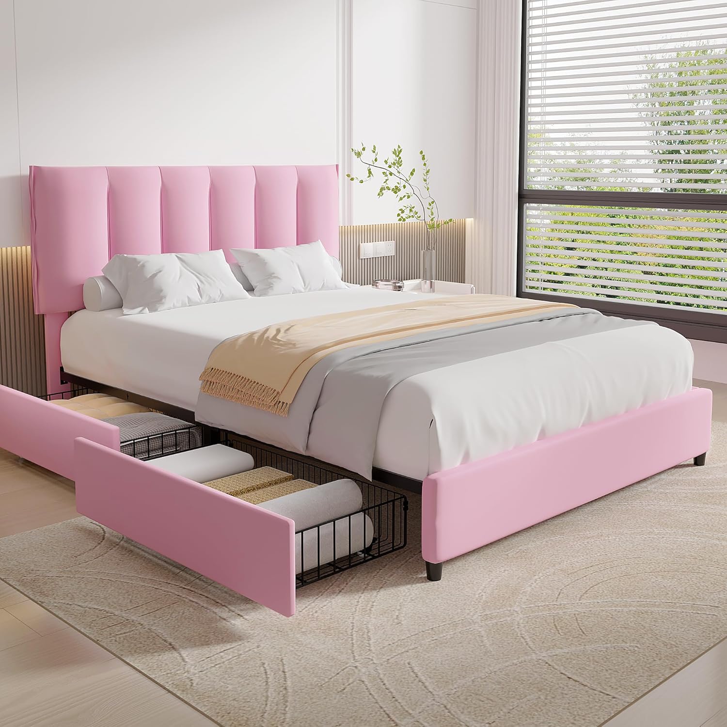 VECELO Upholstered Bed Frame with 4 Storage Drawers and Adjustable Velvet Headboard