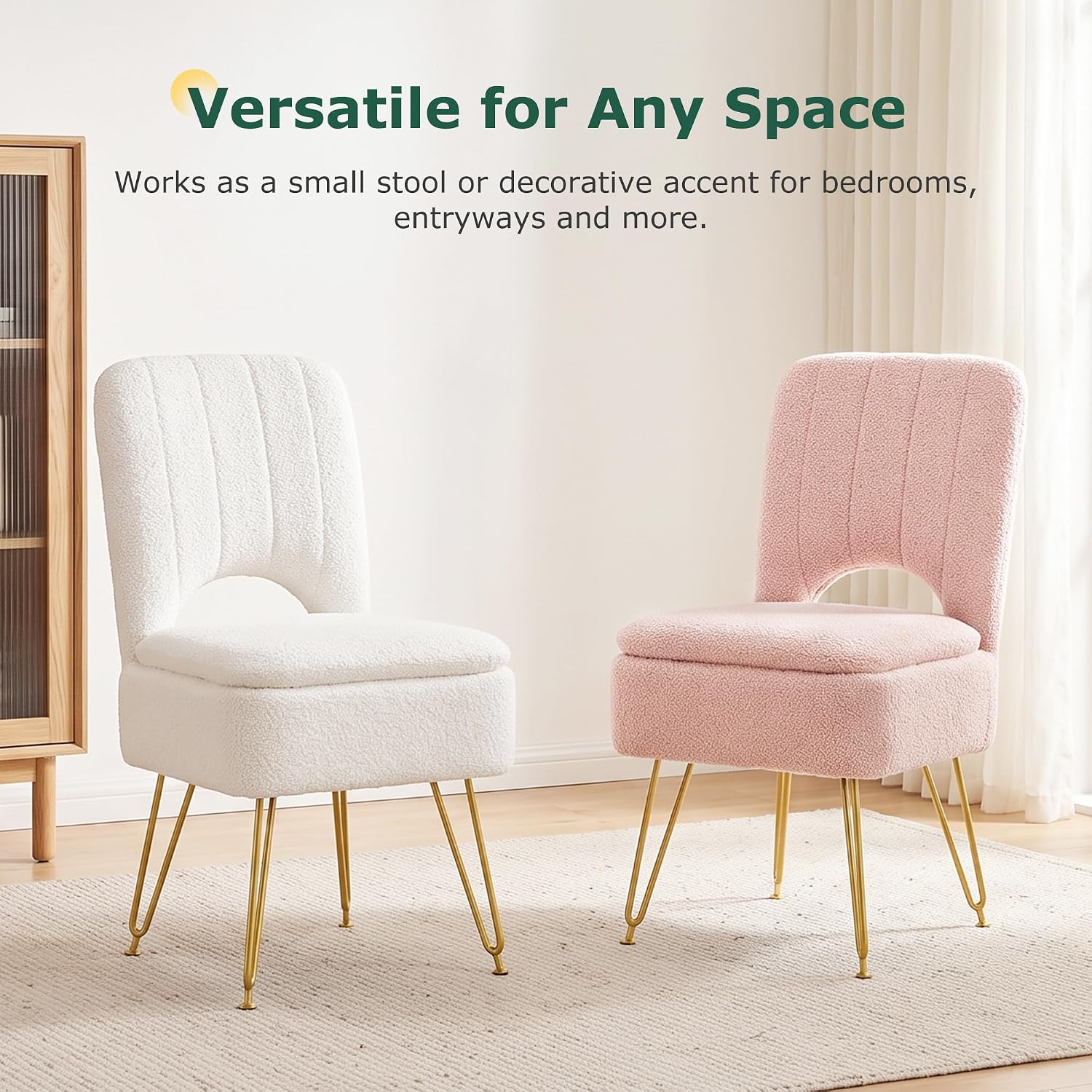 VECELO White Vanity Stool Chair with Storage and Folding Back