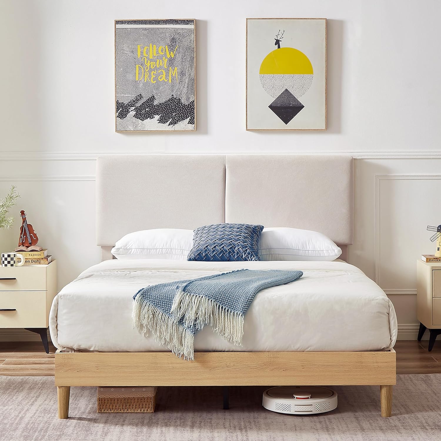 VECELO Upholstered Platform Bed Frame with Height-Adjustable Cotton and Linen Headboard