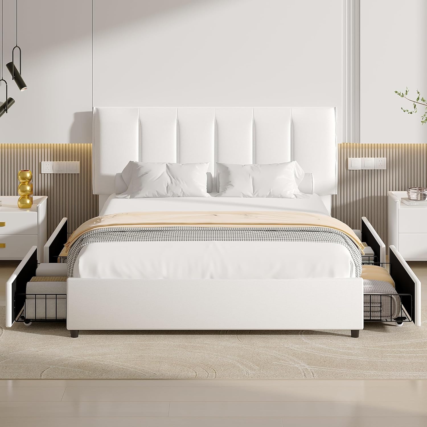 VECELO Upholstered Bed Frame with 4 Storage Drawers and Adjustable Velvet Headboard