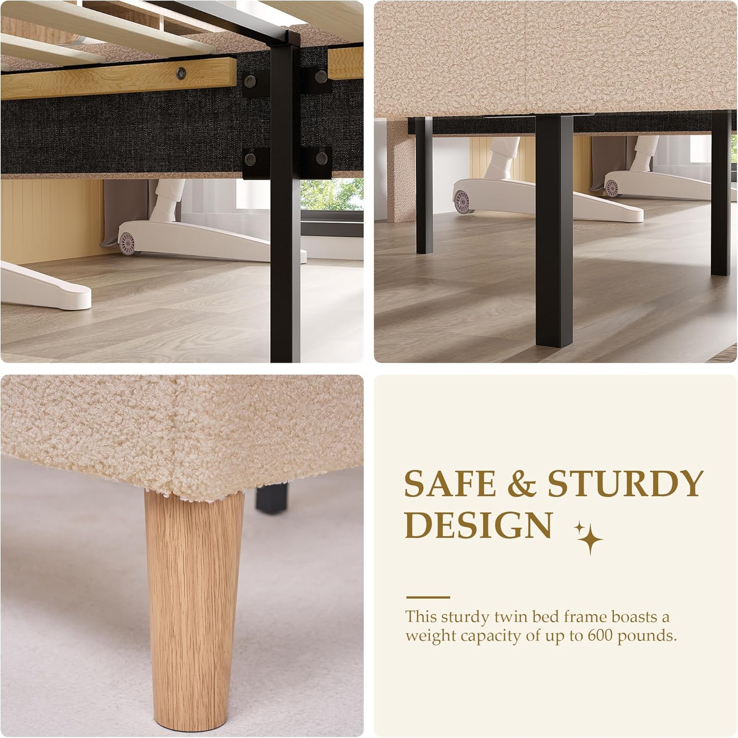 VECELO Twin Size Bed Frame, Upholstered Platform Bedframe with Height Adjustable Plush Fabric Headboard