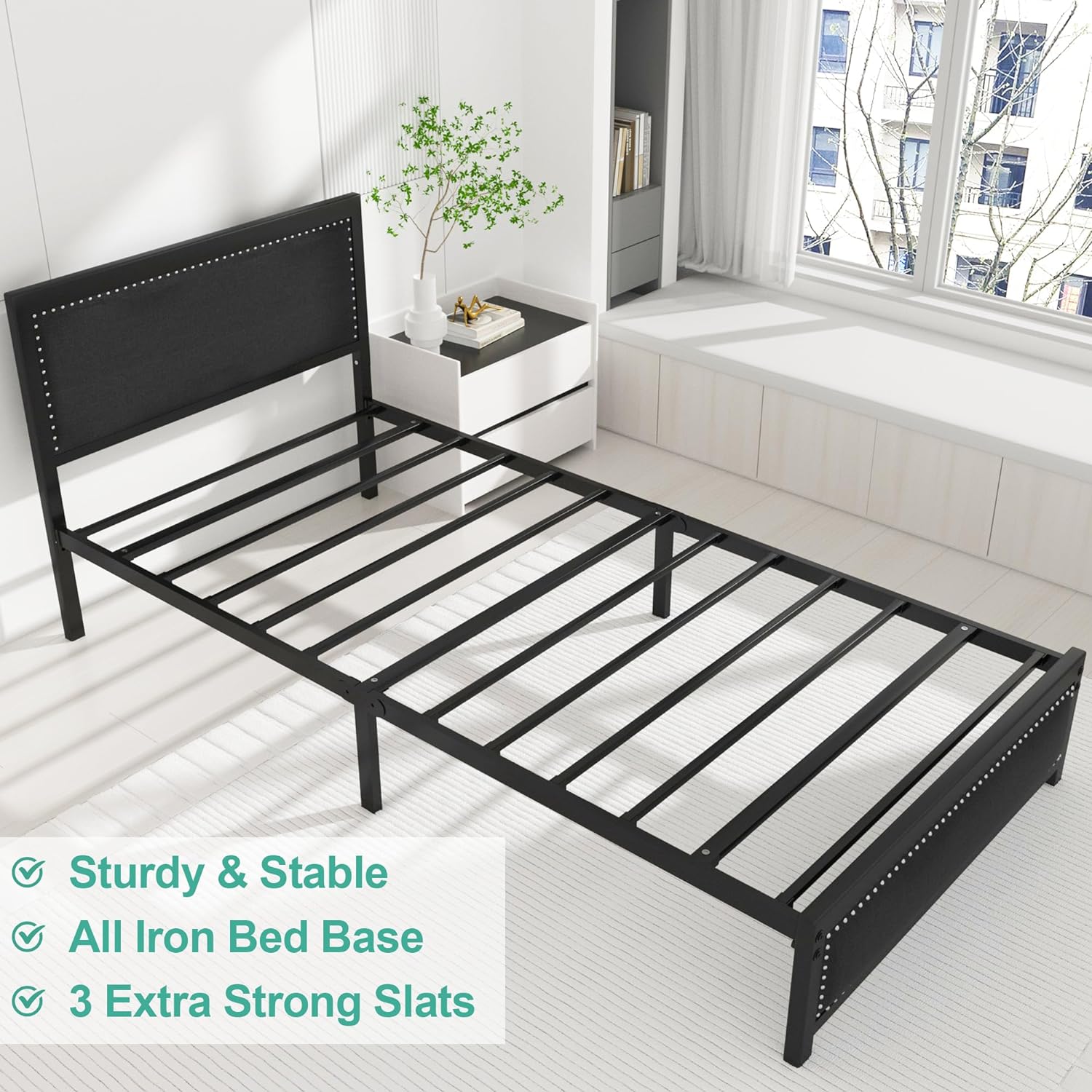 VECELO Bed Frame with Linen Fabric Headboard and Footboard No Box Spring Needed - VECELO