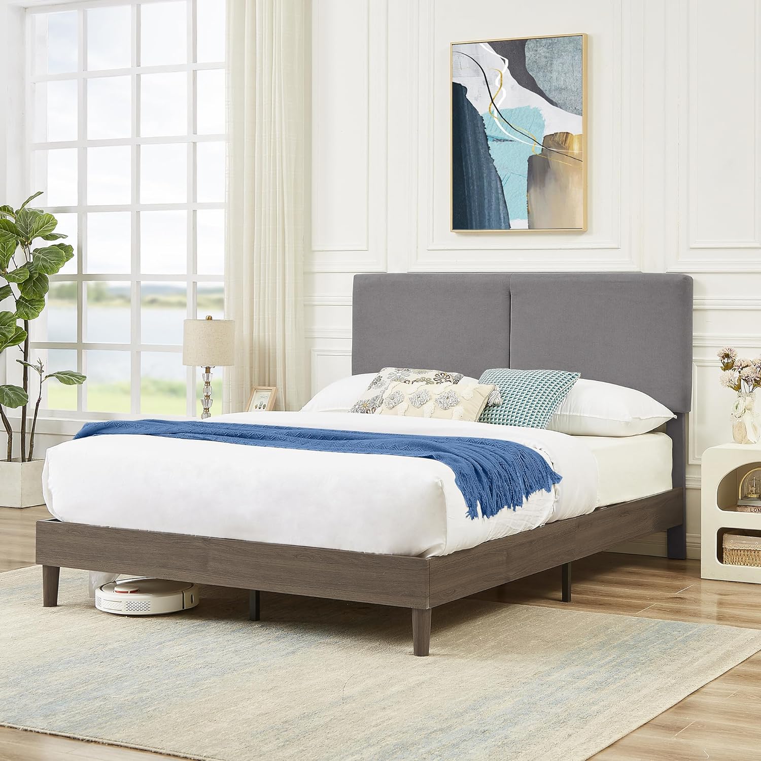 VECELO Upholstered Platform Bed Frame with Height-Adjustable Cotton and Linen Headboard