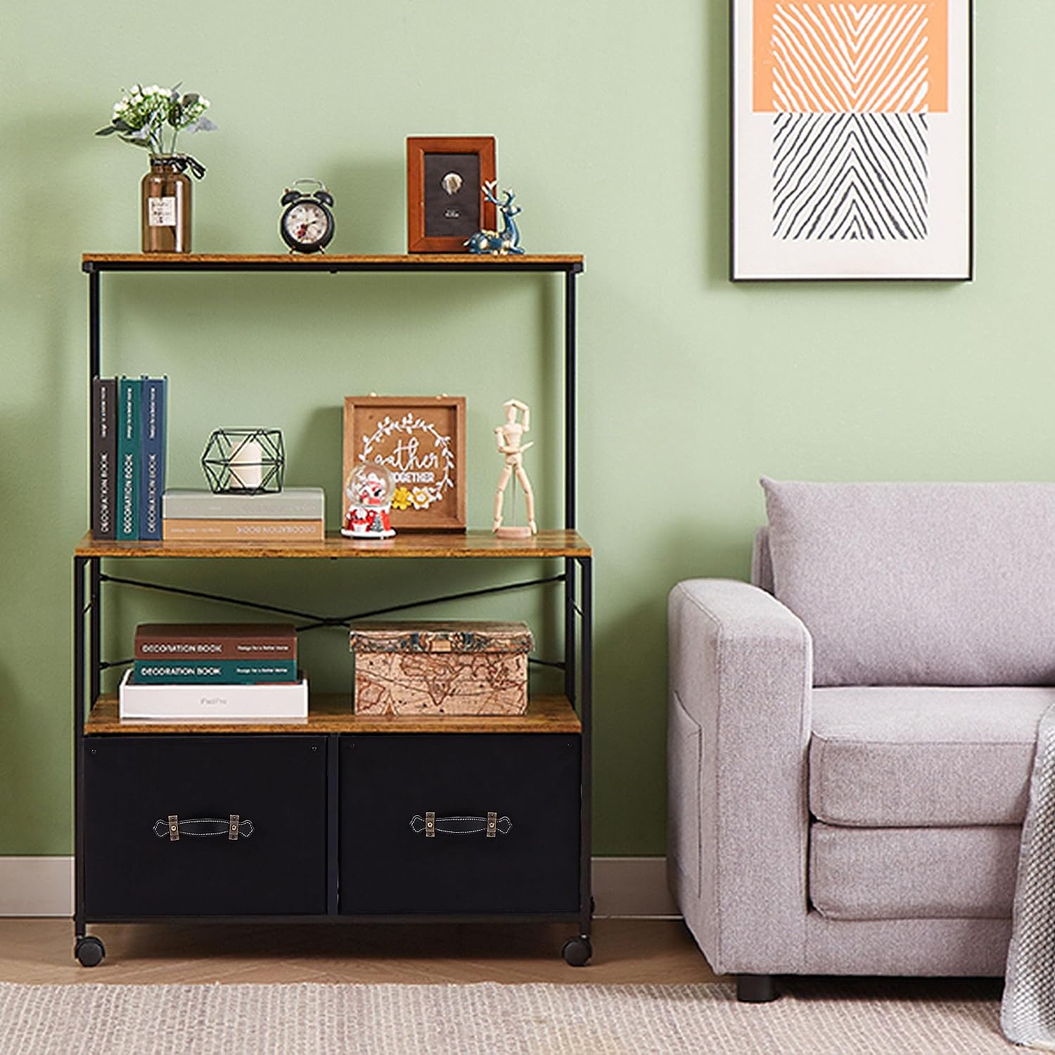 VECELO Lateral File Cabinet with 2 Big Rolling Printer Stand with 3 Open Storage Shelf - VECELO