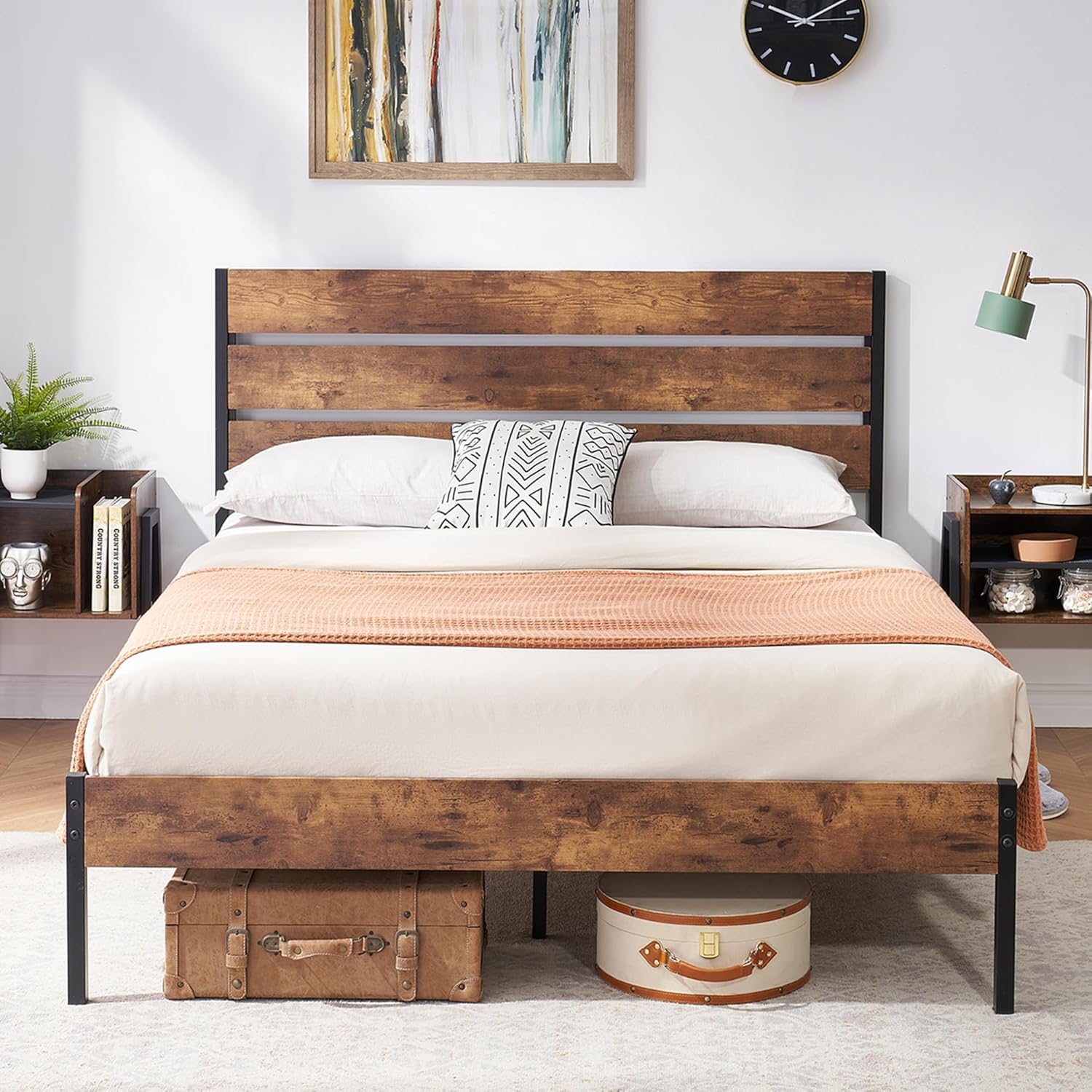 VECELO Platform Bed Frame with Rustic Vintage Wood Headboard/Strong Metal Slats Support