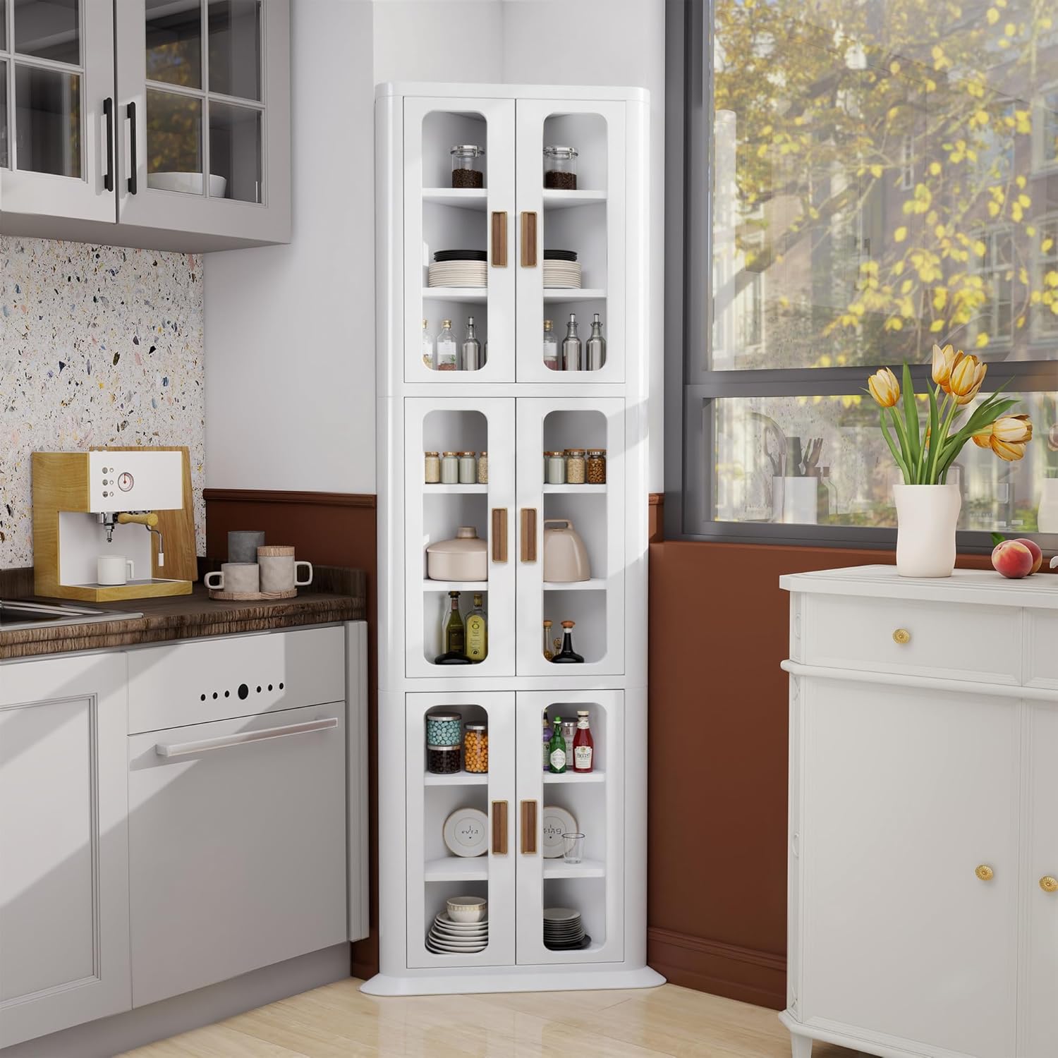 VECELO 3-Tier Tall Corner Cabinet with Doors & Adjustable Shelves