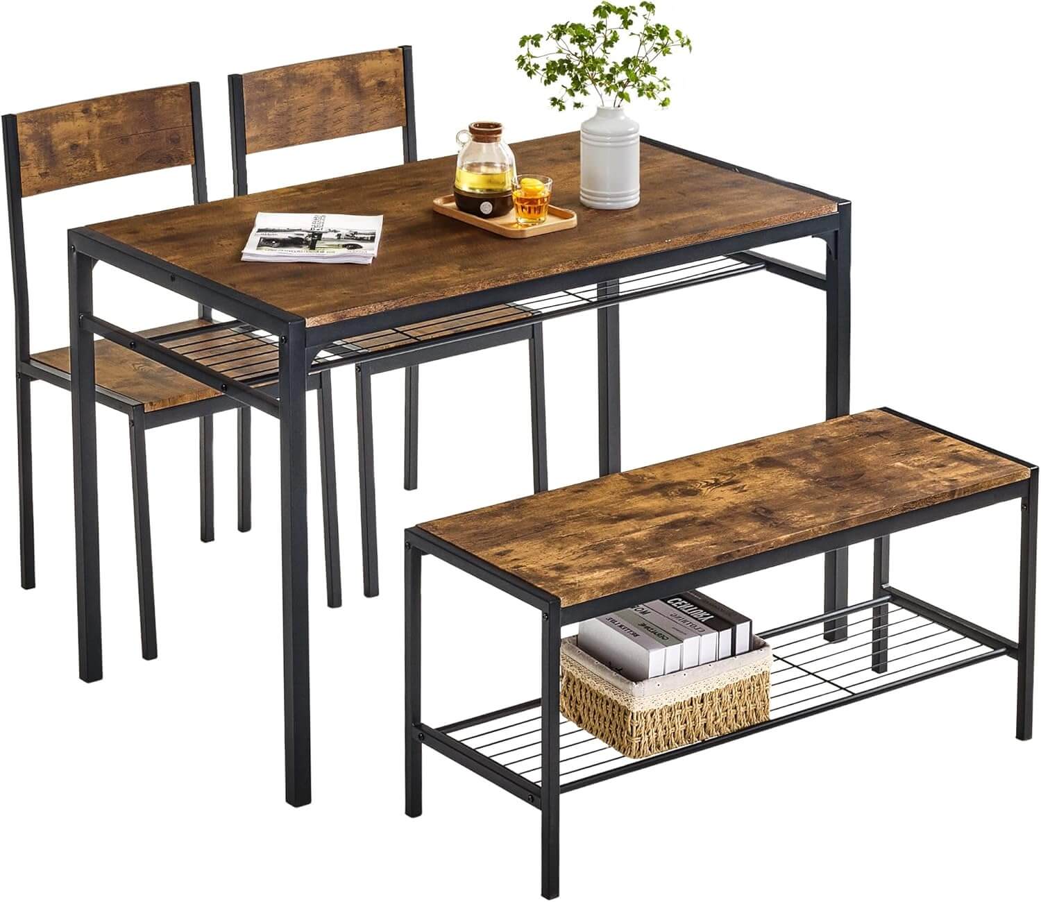 Industrial modern 4-piece kitchen dining table set with two chairs and a bench, featuring a sleek wood and metal design.