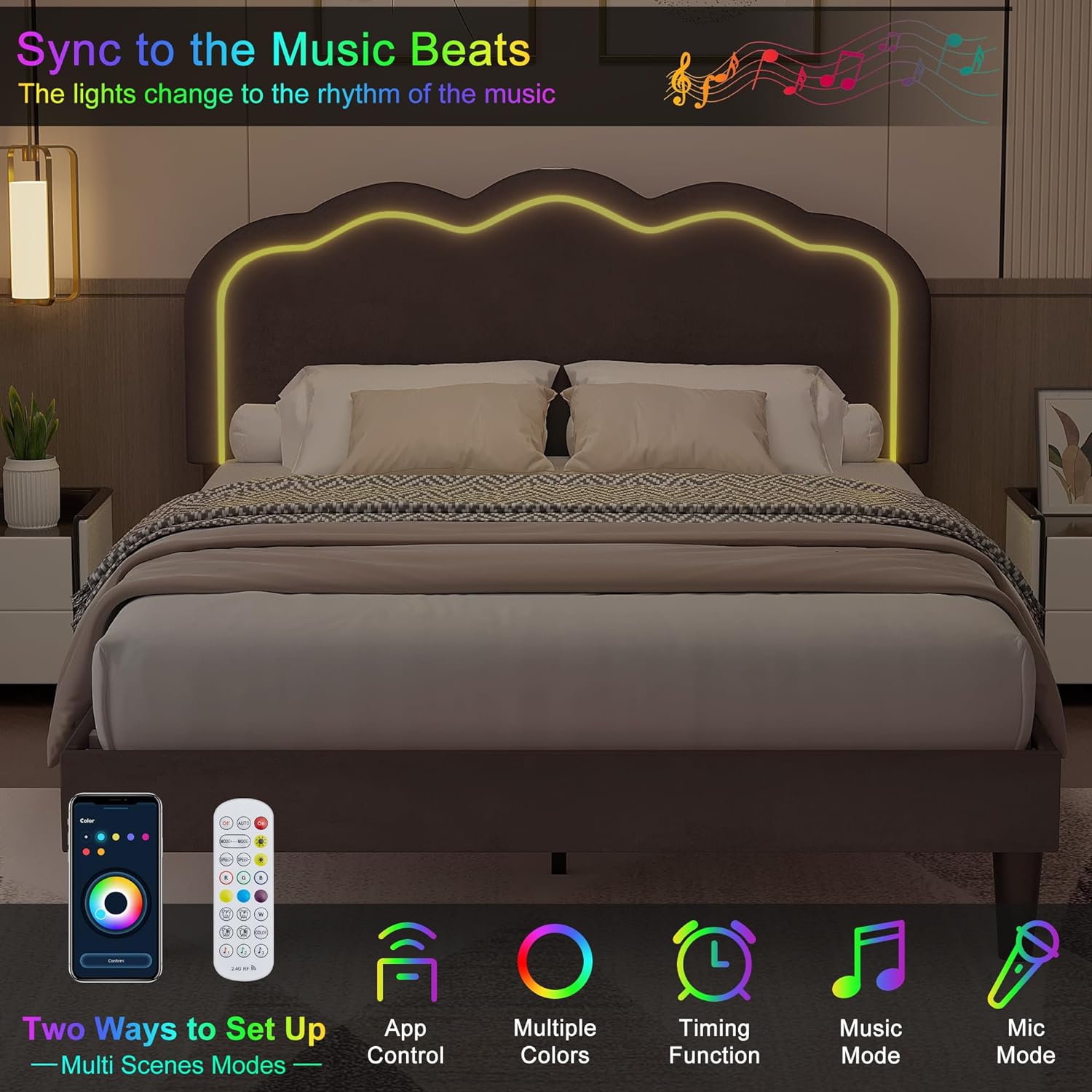 VECELO Upholstered Velvet Platform Bed Frame with Headboard Adjustable, LED Lights, USB-A & Type-C