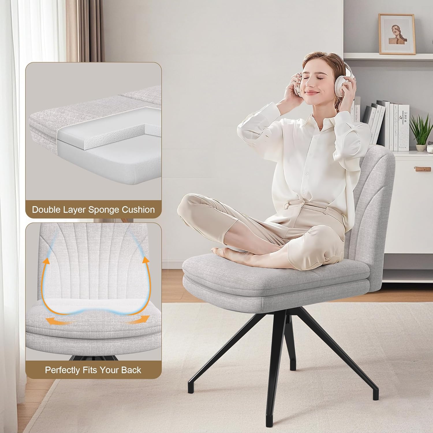 VECELO Armless Office Desk Chair, Criss Cross Legged Vanity Chair with Wide Padded Seat - VECELO