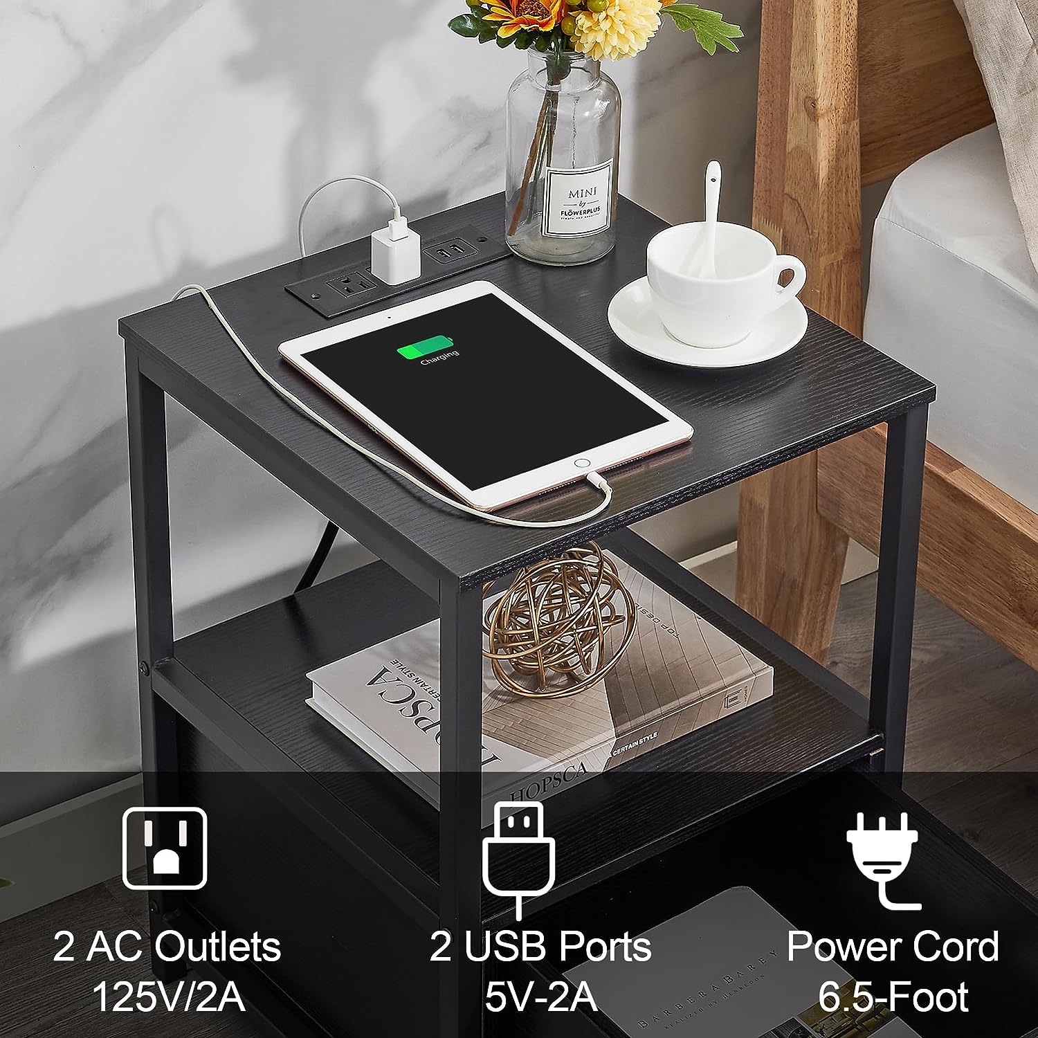 VECELO Modern Nightstand with Charging Station and USB Ports End Side Table