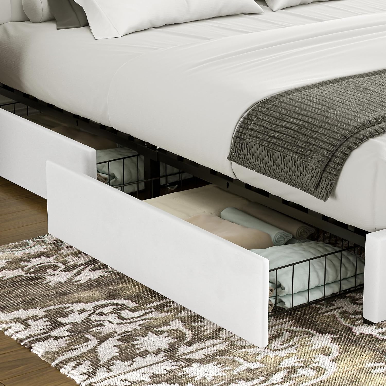 VECELO King Size Upholstered Bed Frame with 4 Drawers and Headboard