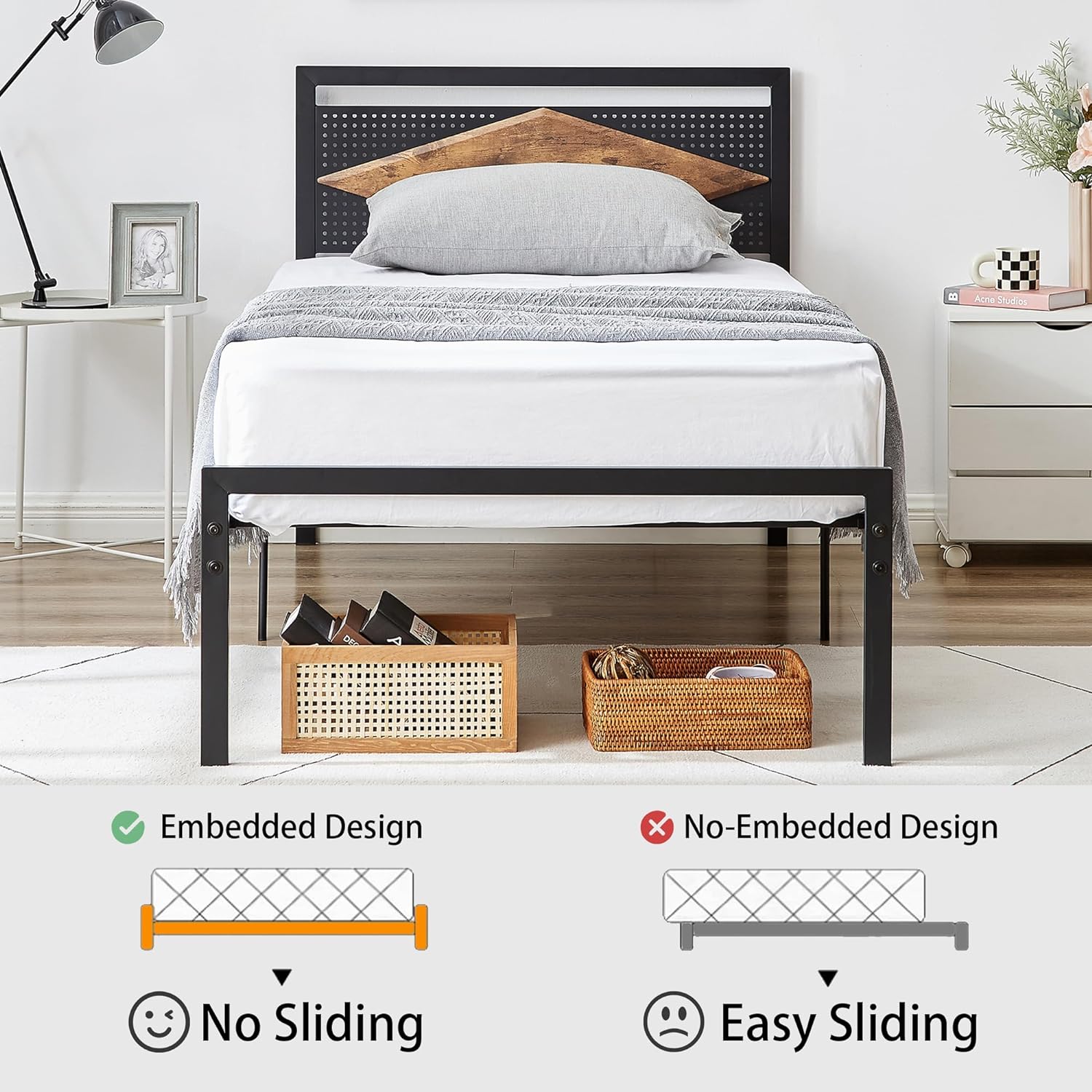 VECELO Metal Bed Frame Platform with Wood Grain Headboard&Footboard