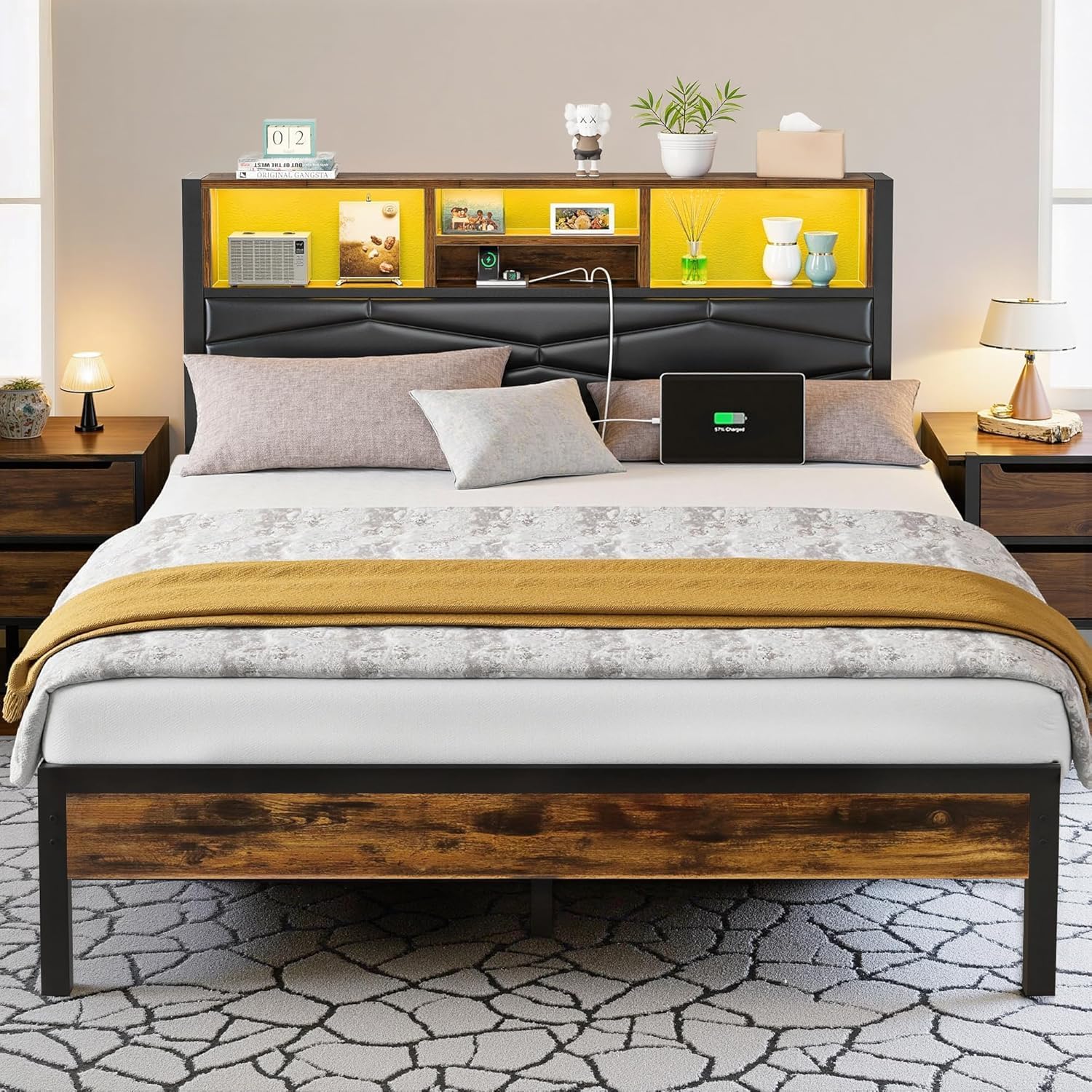 VECELO Bed Frame with 2-Tier Storage Headboard and Charging Station