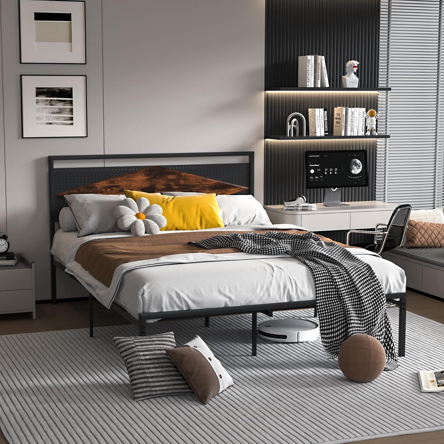 VECELO Metal Bed Frame Platform with Wood Grain Headboard&Footboard