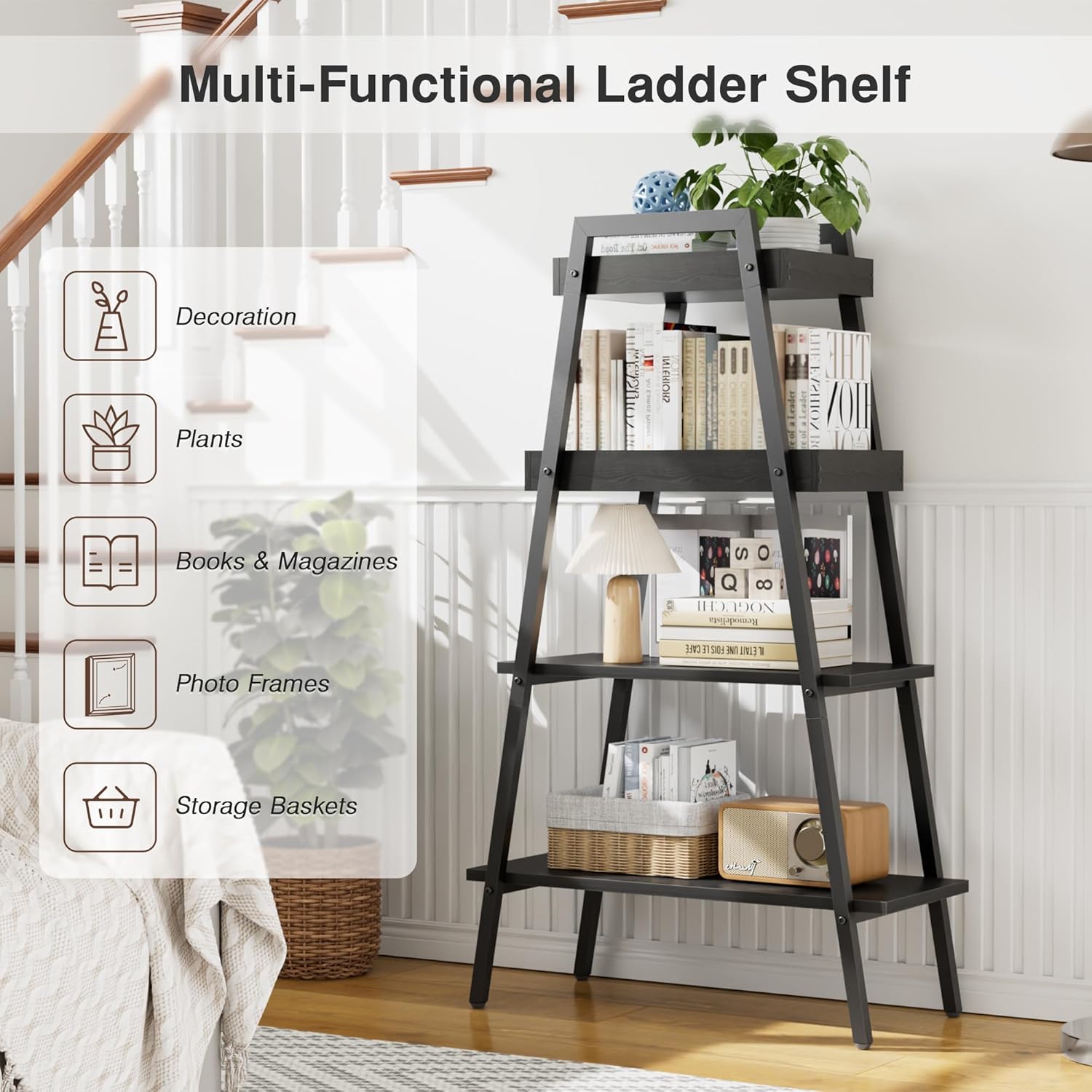 VECELO Ladder Shelf/Display Shelf 4 Tier Storage Bookcase Rack Wood & Steel - VECELO