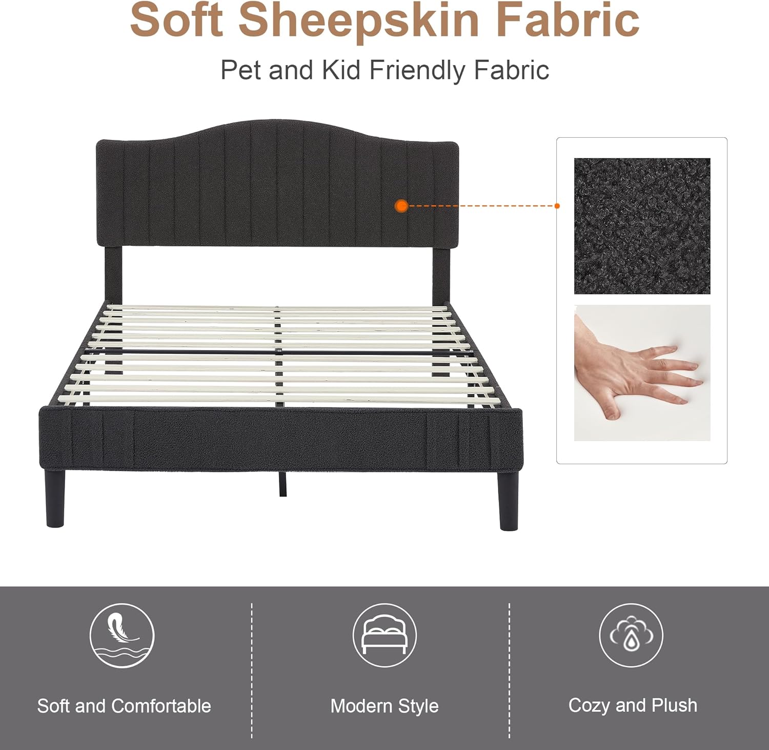 VECELO Upholstered Platform Bed Frame with Sheepskin Fabric Adjustable Headboard/Strong Wood Slats Supports