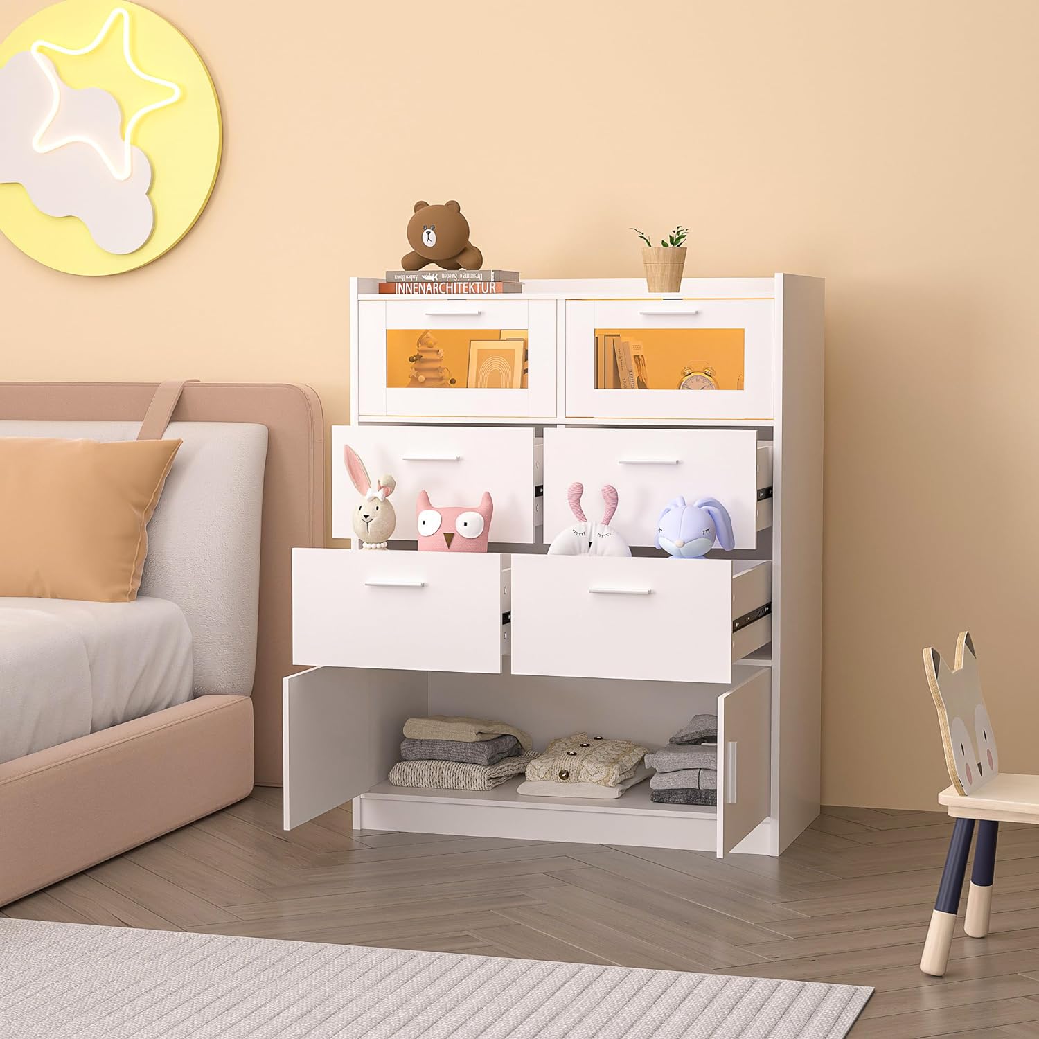 VECELO Dresser for Bedroom Chest of 4 Drawers/6 Drawer with Adjustable LED Lights