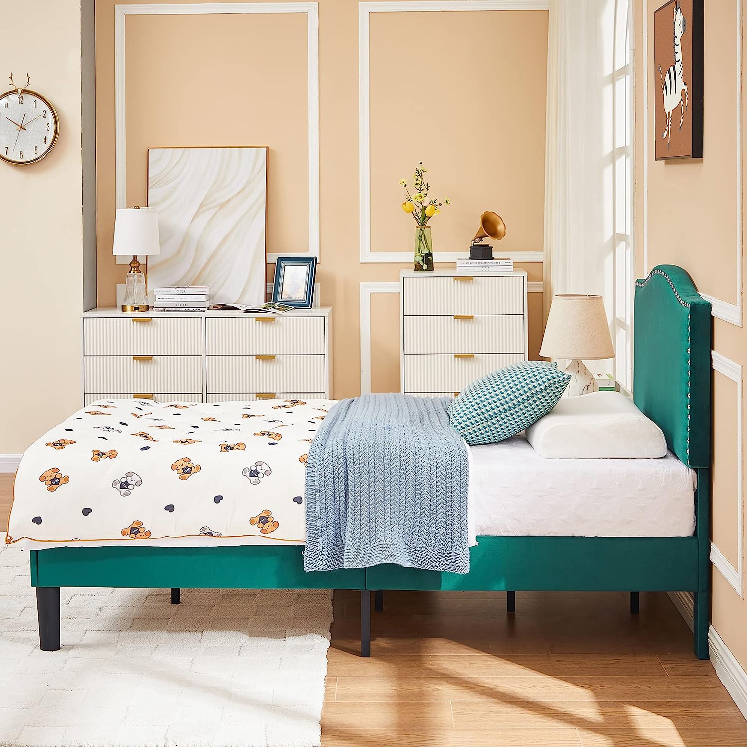 VECELO Bed Frame Platform with Upholstered Headboard & Wooden Slats Support - VECELO