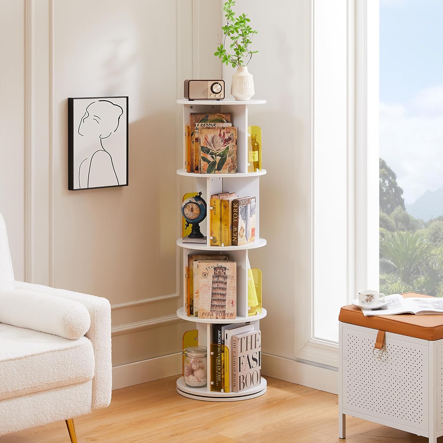 VECELO Rotating Bookshelf with Acrylic Display Window Partition