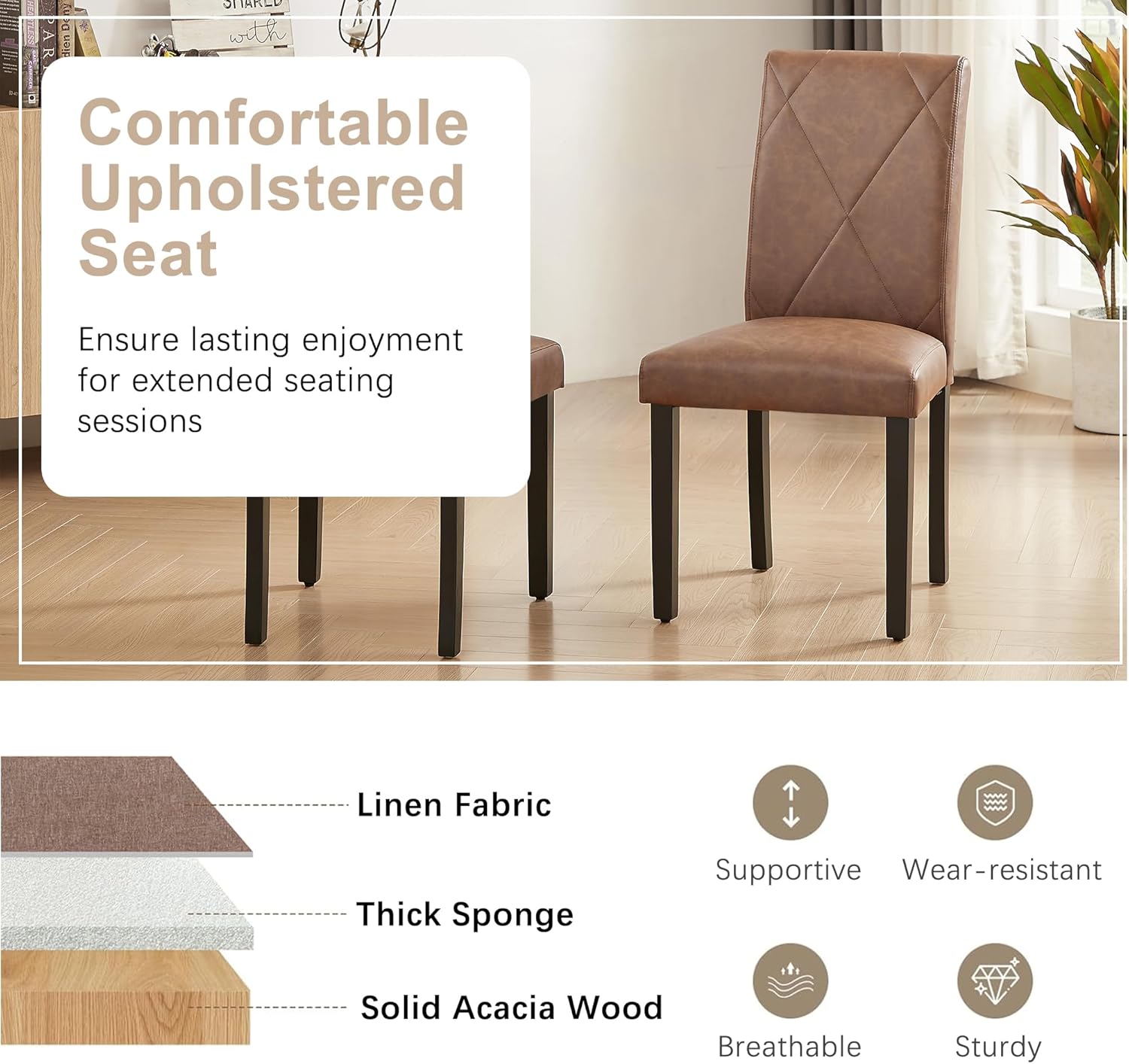 VECELO Upholstered Dining Chairs Set of 2 Modern Fabric and High Back & Solid Wood Legs for Kitchen