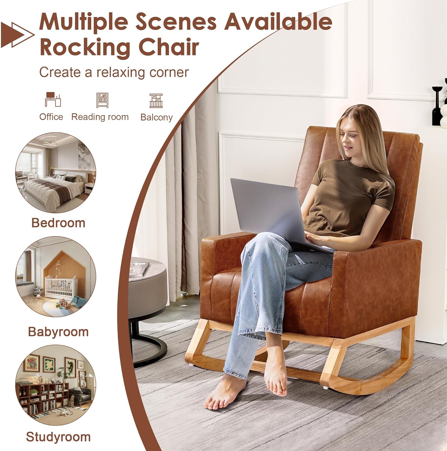 VECELO Rocking Chair Upholstered Nursery Glider Rocker High Backrest Comfy Armchair with Side Pocket and USB Port - VECELO