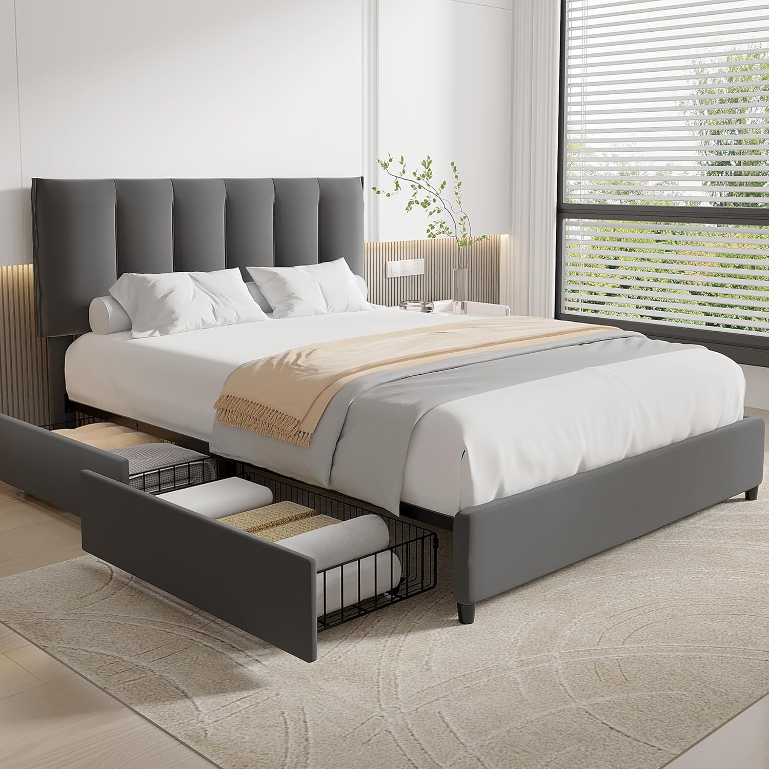 VECELO Upholstered Bed Frame with 4 Storage Drawers and Adjustable Velvet Headboard