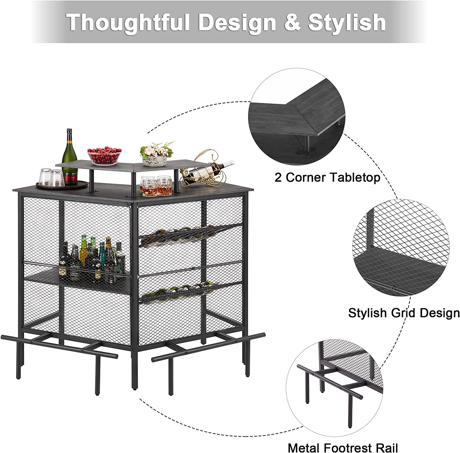 VECELO Bar Unit, 3 Tier Liquor Cabinet with Metal Mesh Front - VECELO