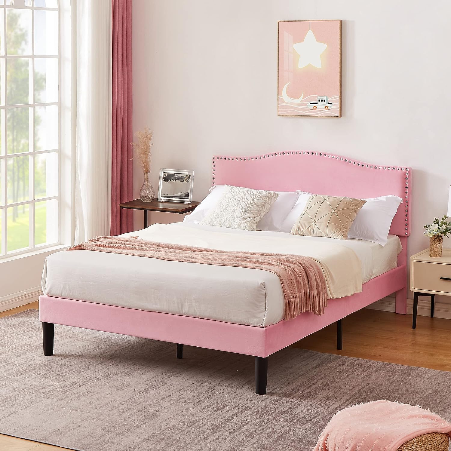 VECELO Bed Frame Platform with Upholstered Headboard & Wooden Slats Support - VECELO