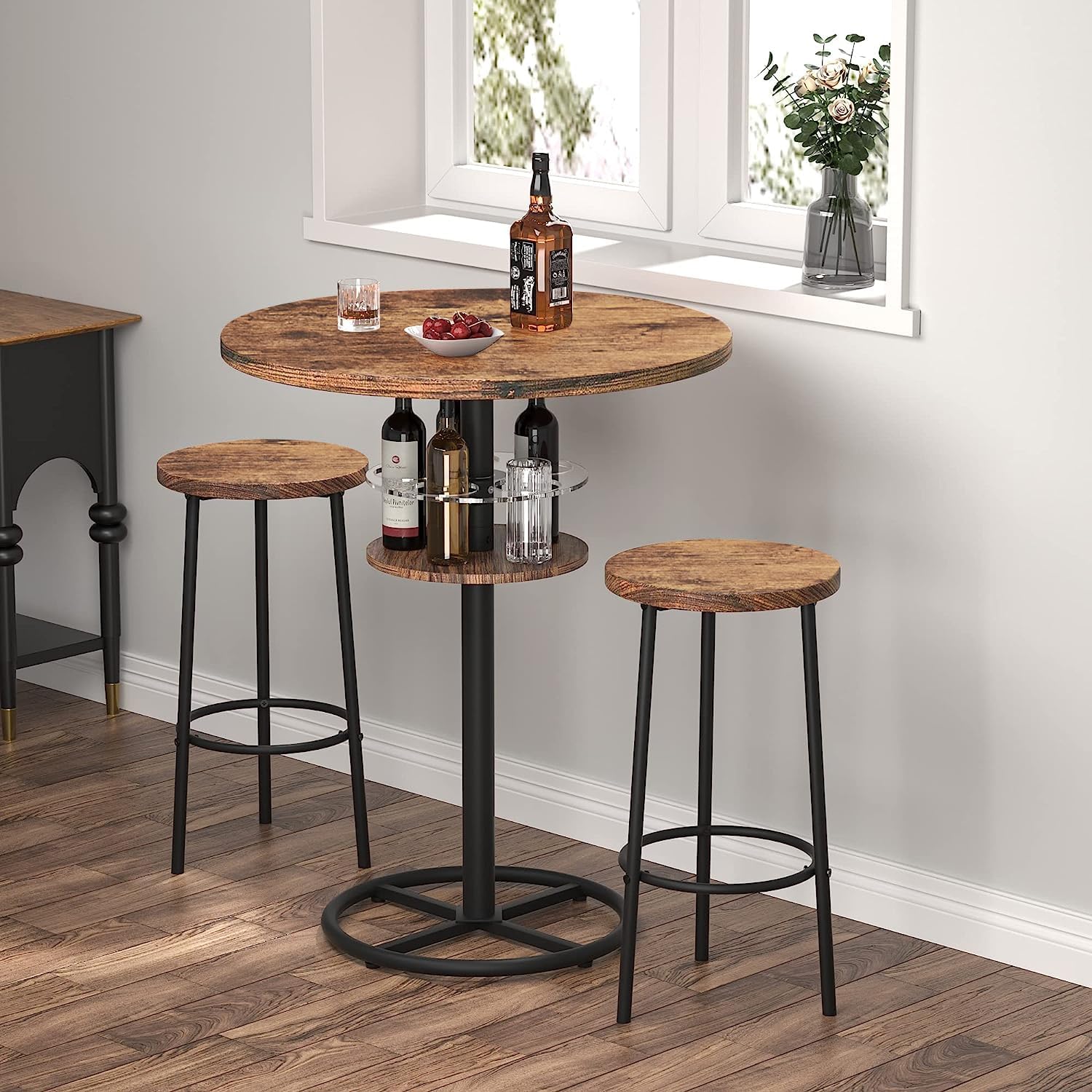 VECELO 3 Piece Bar Table Set, Small 2-Tier Round Pub Table with Barstools - VECELO