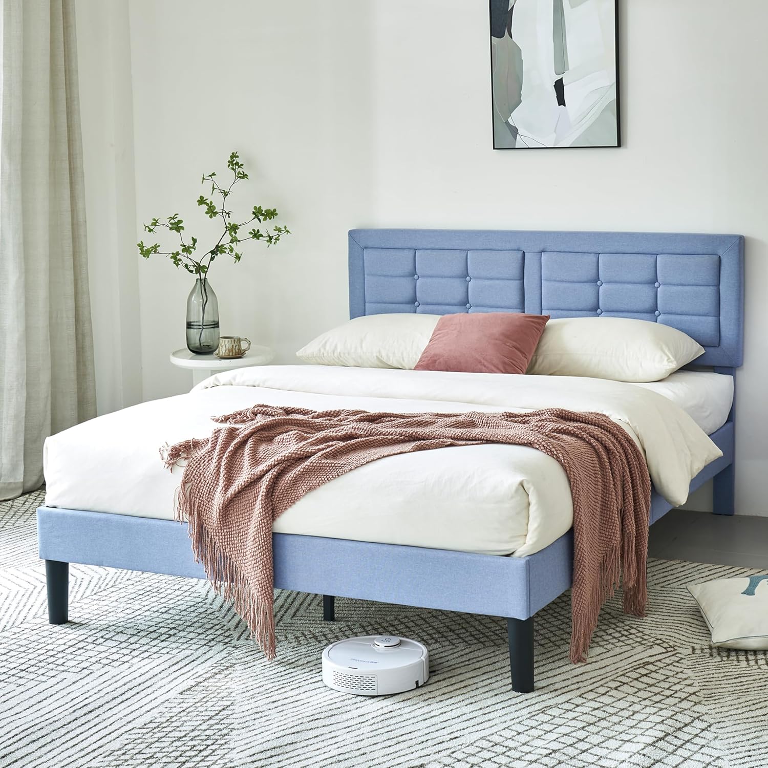 VECELO Upholstered Platform Bed Frame with Height Adjustable Headboard - VECELO