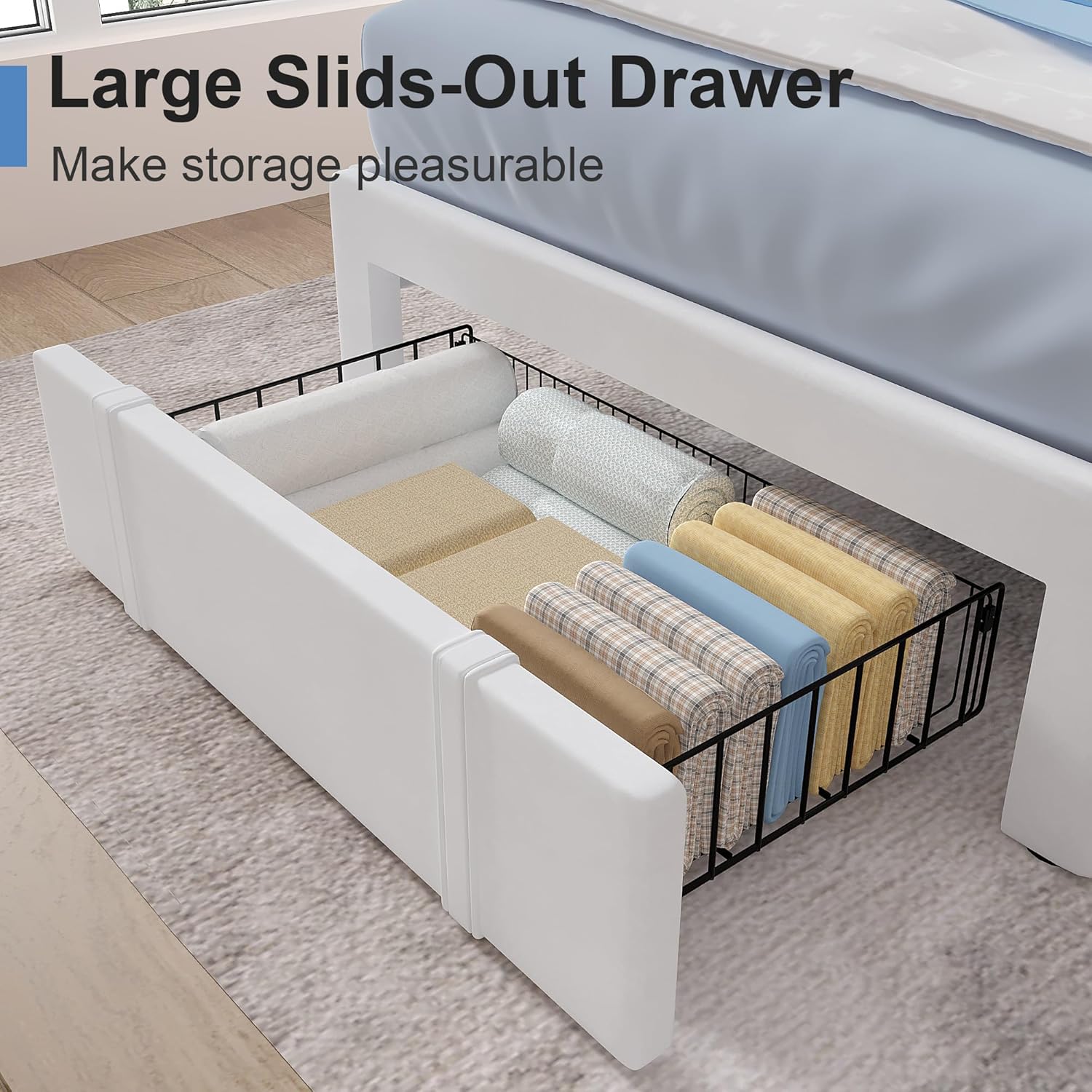 VECELO Twin Upholstered Bed Frame with Storage Drawer for Kids