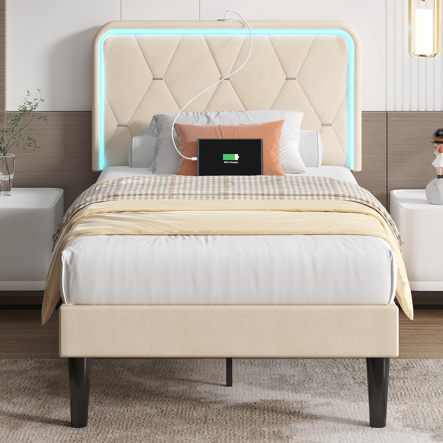 VECELO Upholstered Bed Frame with LED Lights, Charging Station, Velvet Platform Bed