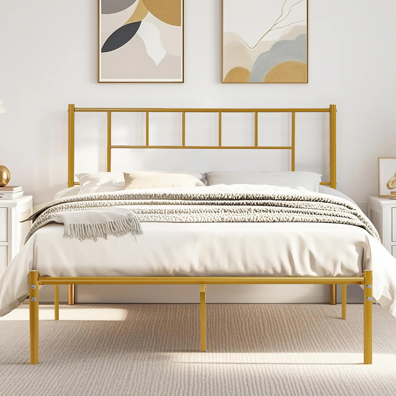 VECELO Bed Frame, 14 Inch Metal Platform with Headboard, Heavy Duty Steel Slat Support - VECELO