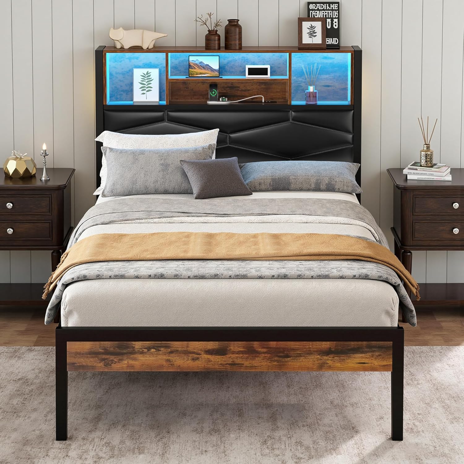 VECELO Bed Frame with 2-Tier Storage Headboard and Charging Station