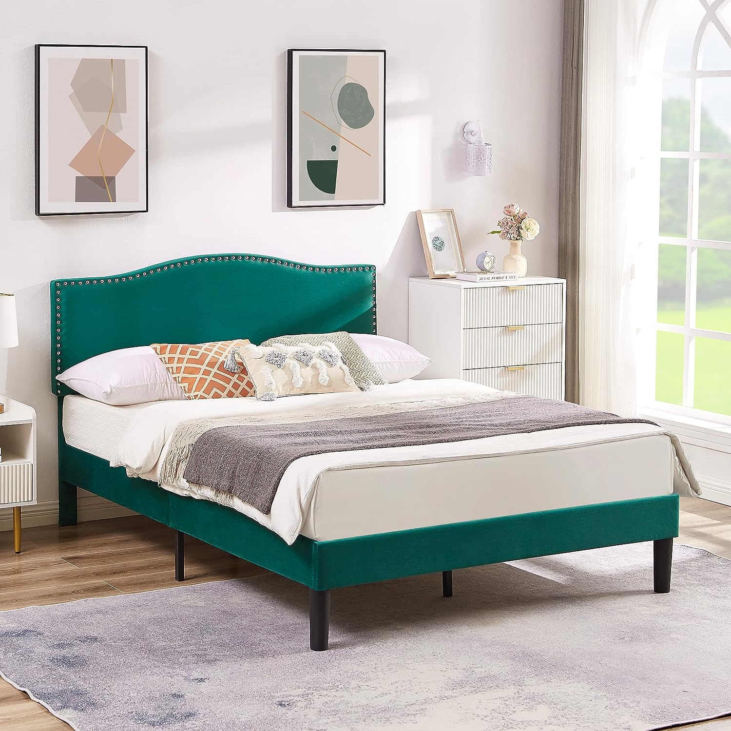 VECELO Bed Frame Platform with Upholstered Headboard & Wooden Slats Support - VECELO