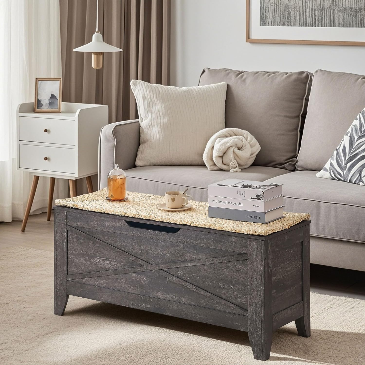 VECELO Storage Bench,43.3in Wooden Chest for Storage with Safety Hinges Wicker-Kont Mats