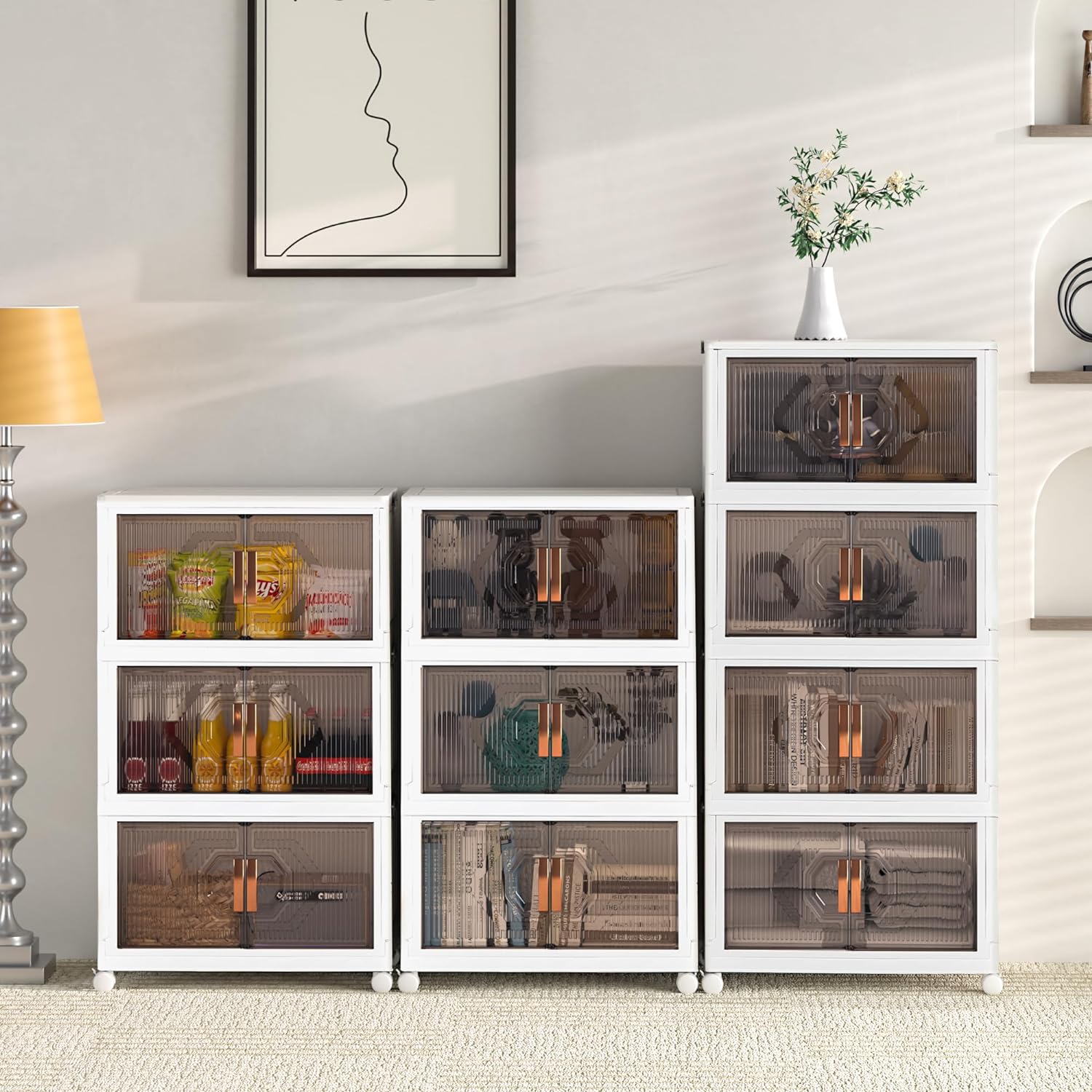 VECELO 16 Gal Stackable Storage Bins with Lid, 3/4/5 Pack Plastic Collapsible Storage Cabinet - VECELO