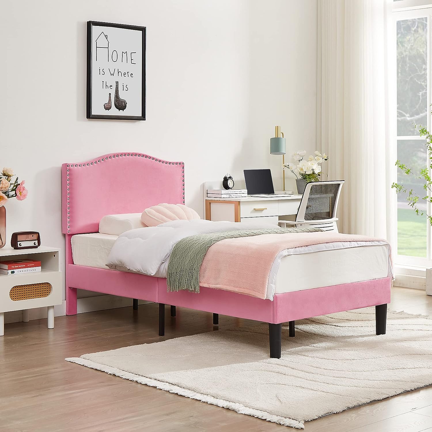 VECELO Bed Frame Platform with Upholstered Headboard & Wooden Slats Support - VECELO