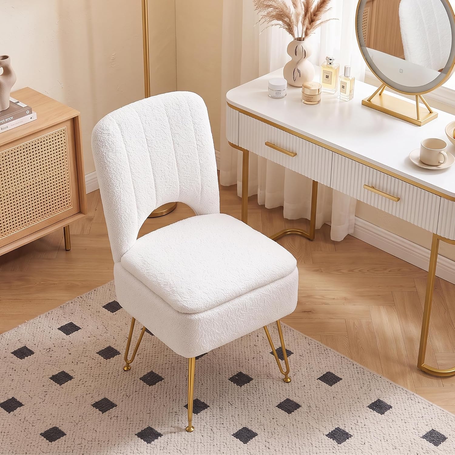 VECELO White Vanity Stool Chair with Storage and Folding Back