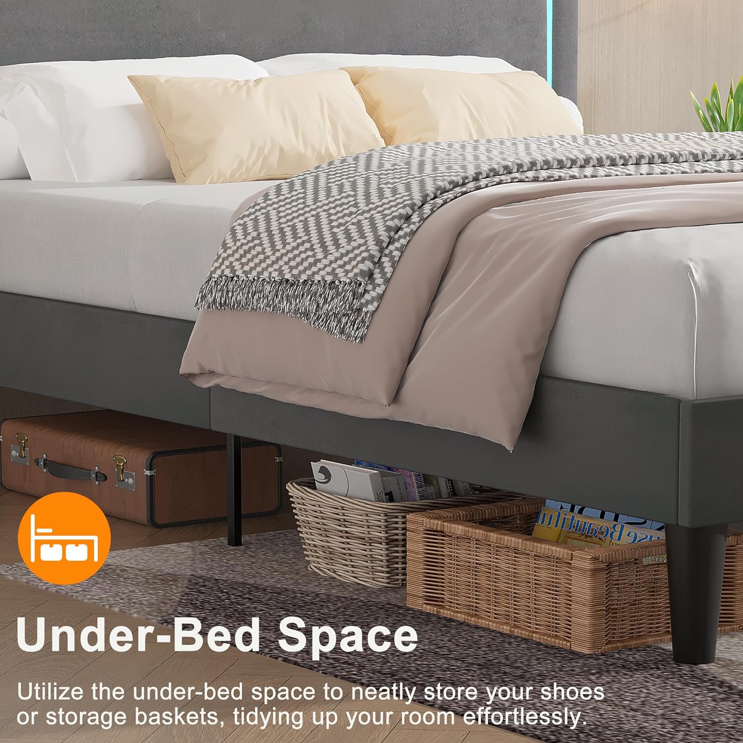 VECELO Upholstered Velvet Platform Bed Frame with Headboard Adjustable, LED Lights, USB-A & Type-C