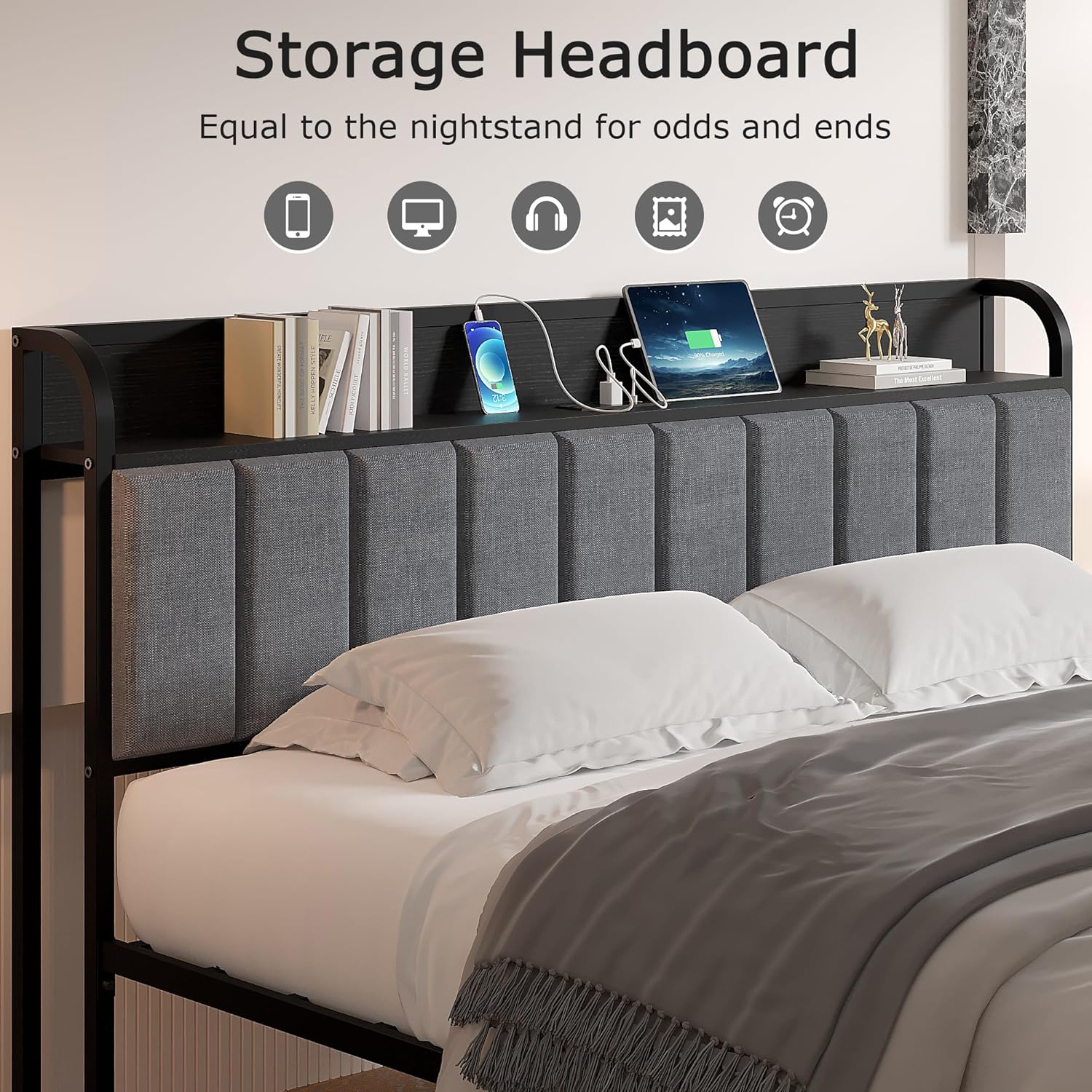 VECELO Twin Bed Frame, Storage Upholstered Headboard with Charging Station