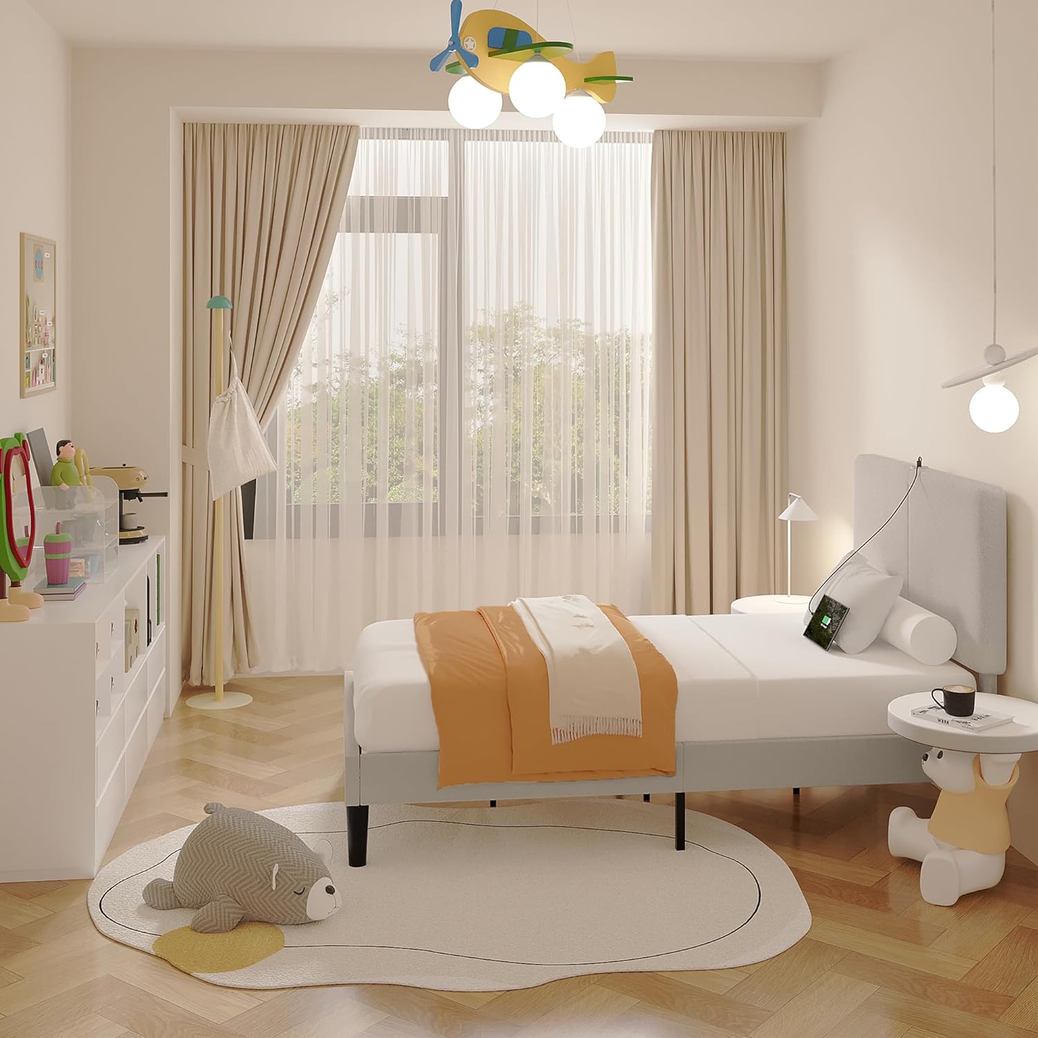 VECELO Twin/Full/Queen Bed Frame Upholstered Platform with Type-C & USB Ports Height-Adjustable Cotton and Linen Headboard