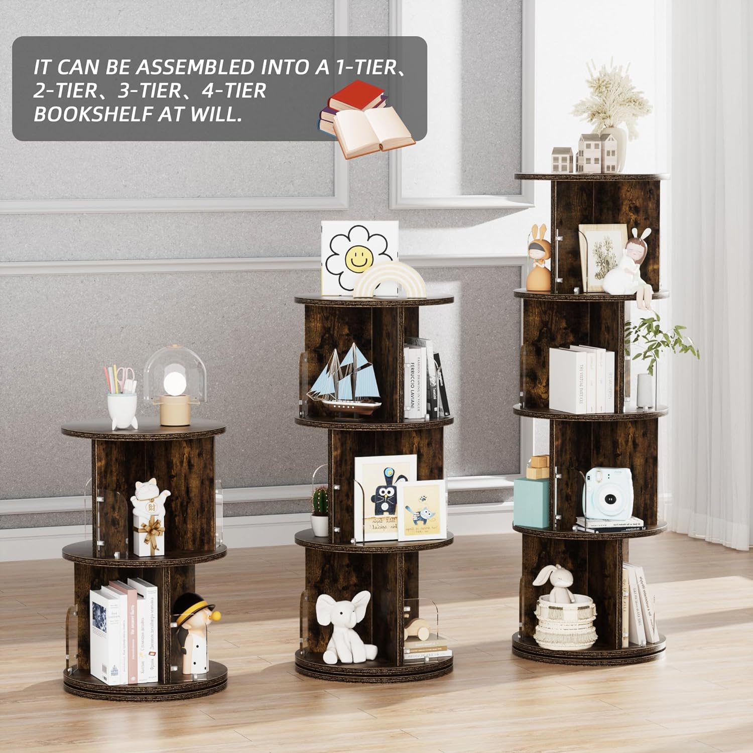 VECELO Rotating Bookshelf with Acrylic Display Window Partition