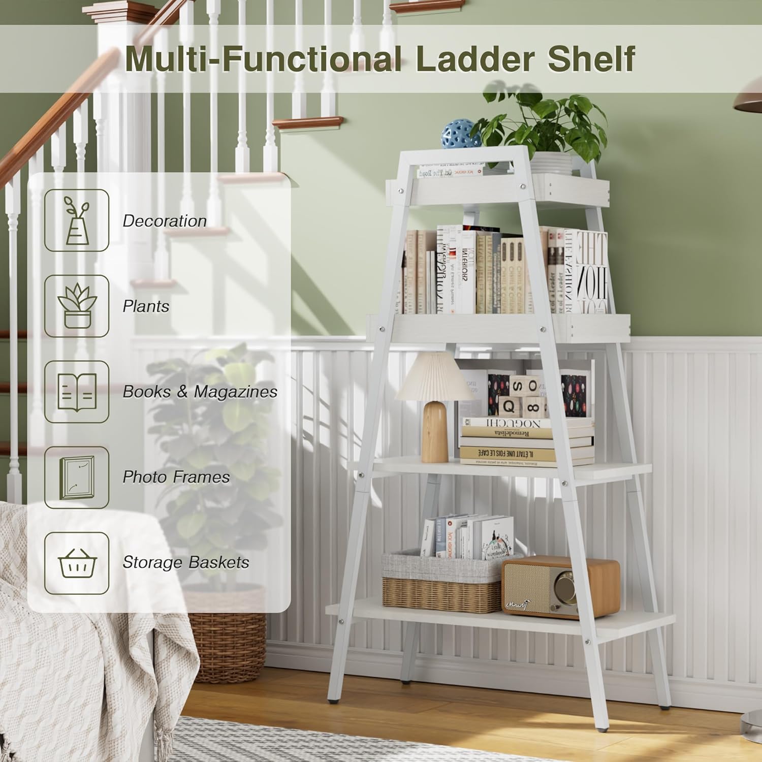 VECELO Ladder Shelf/Display Shelf 4 Tier Storage Bookcase Rack Wood & Steel - VECELO