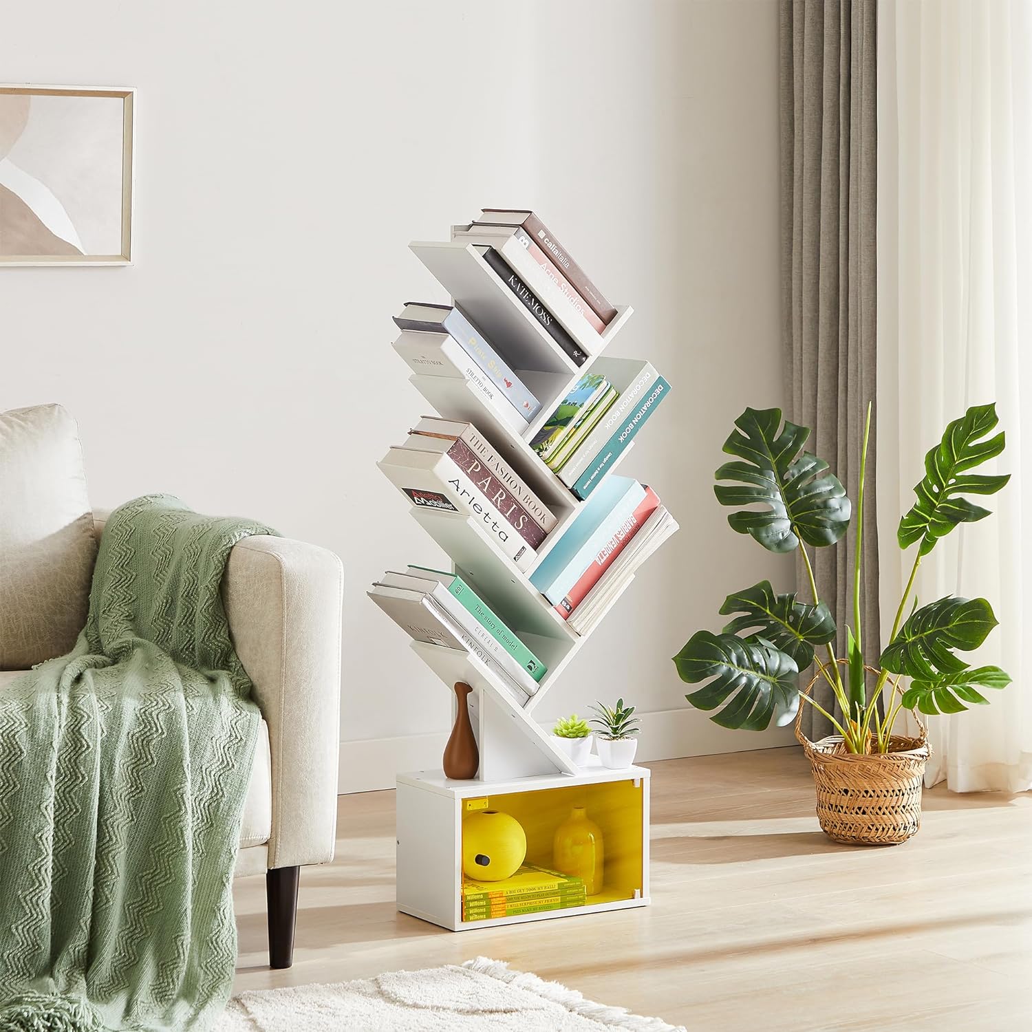 VECELO Tree Bookshelf, 7-Tier Tree Bookcase Wood Shelves Display with Storage Cabinet