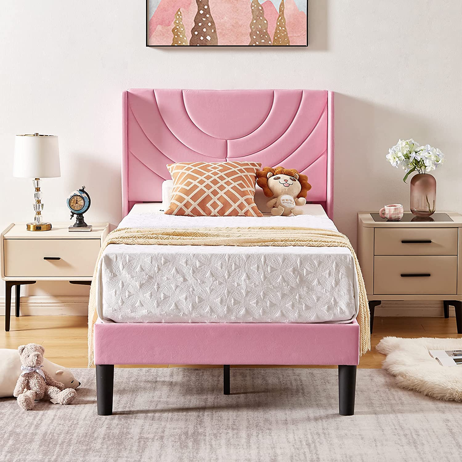 VECELO Upholstered Platform Bed Frame with Adjustable Fabric Headboard