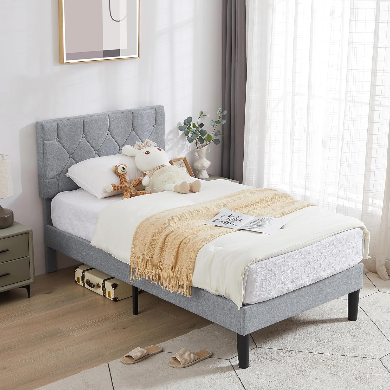 VECELO Bed Frame, Upholstered Platform with Adjustable Diamond Tufted Headboard