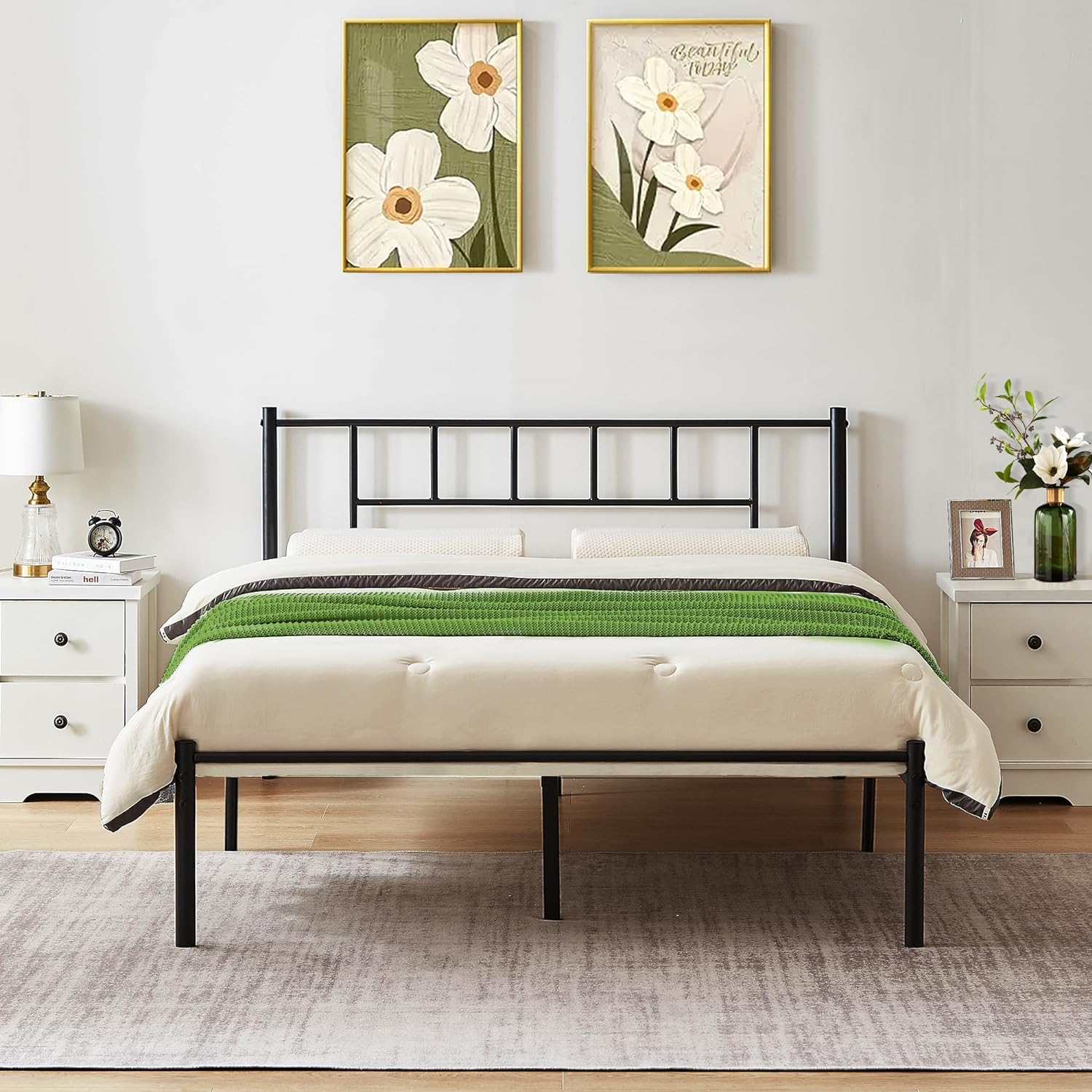 VECELO Bed Frame, 14 Inch Metal Platform with Headboard, Heavy Duty Steel Slat Support - VECELO